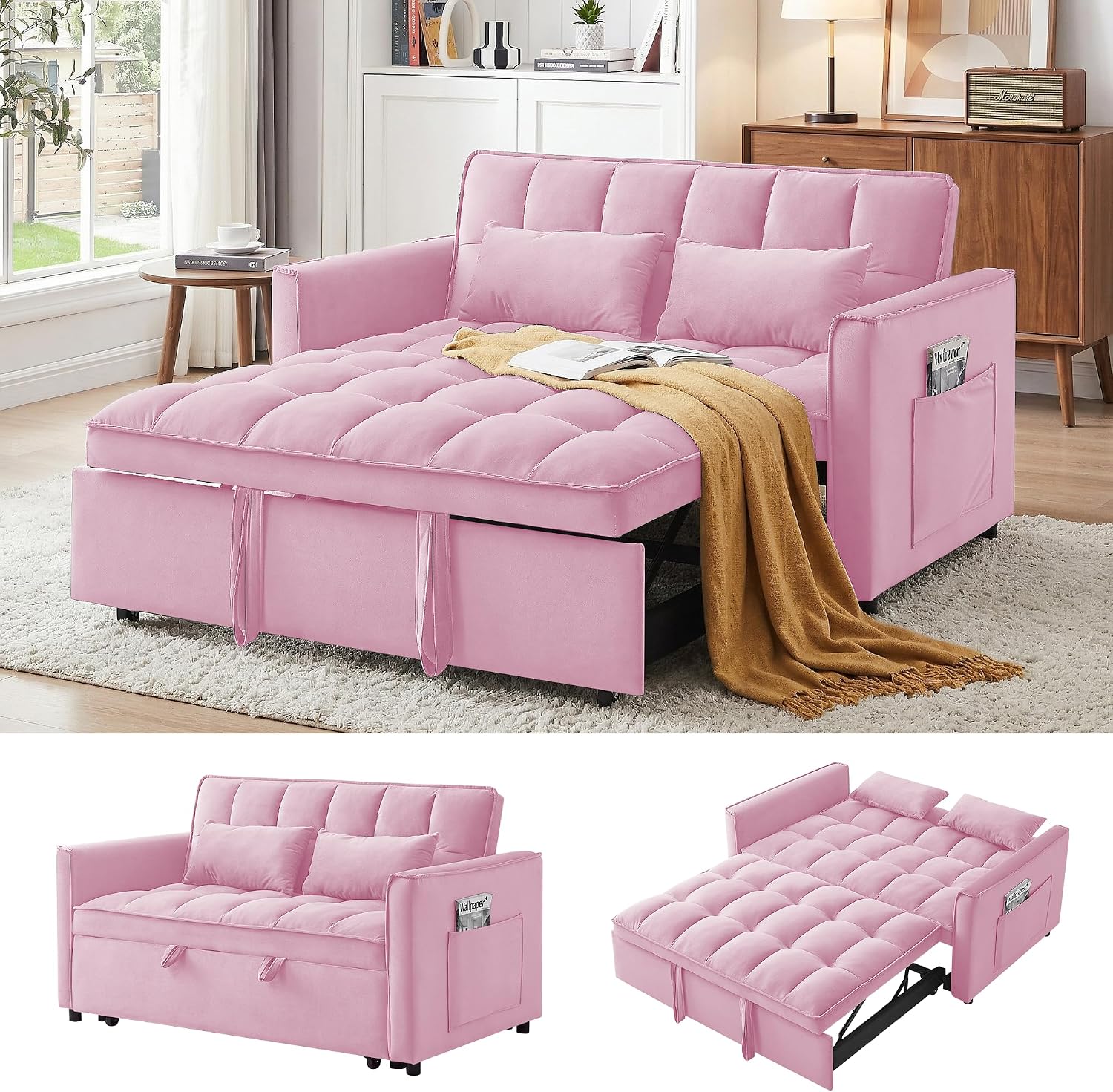 3 in 1 Convertible Sleeper Sofa Bed, 55' Pull Out Couches, Modern Loveseat Sleeper Sofa with Adjustable Reclining Backrest & Side Pockets for Living Room, Velvet Fabric, Pink