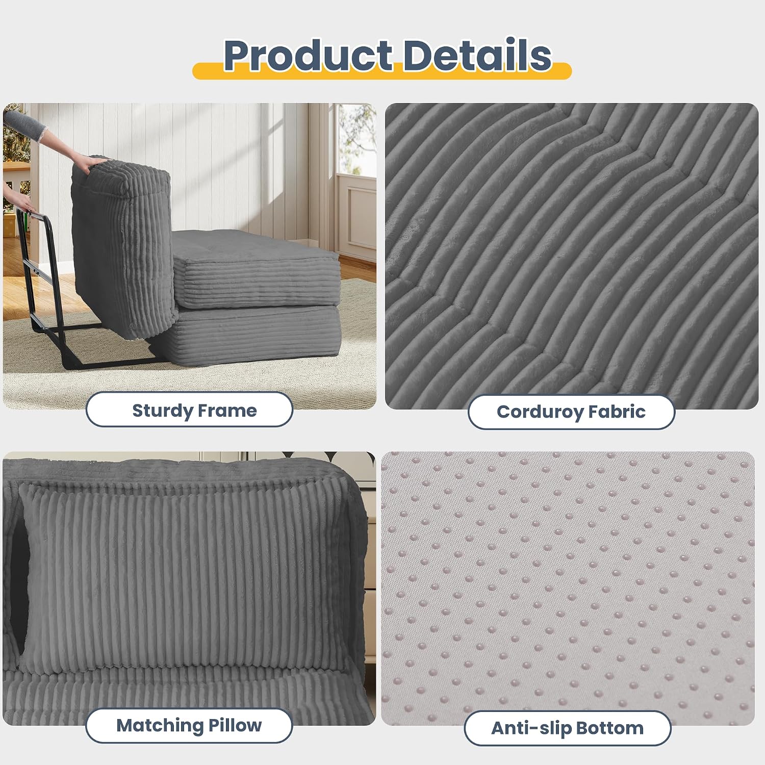 Convertible Folding Sofa Bed with Fixed Frame,Boneless Couch Loveseat Sleeper with 5-Position Adjustable Backrest & Thickened Cushion,Futon Couch with 2 Pillows for Bedroom,Small Spaces
