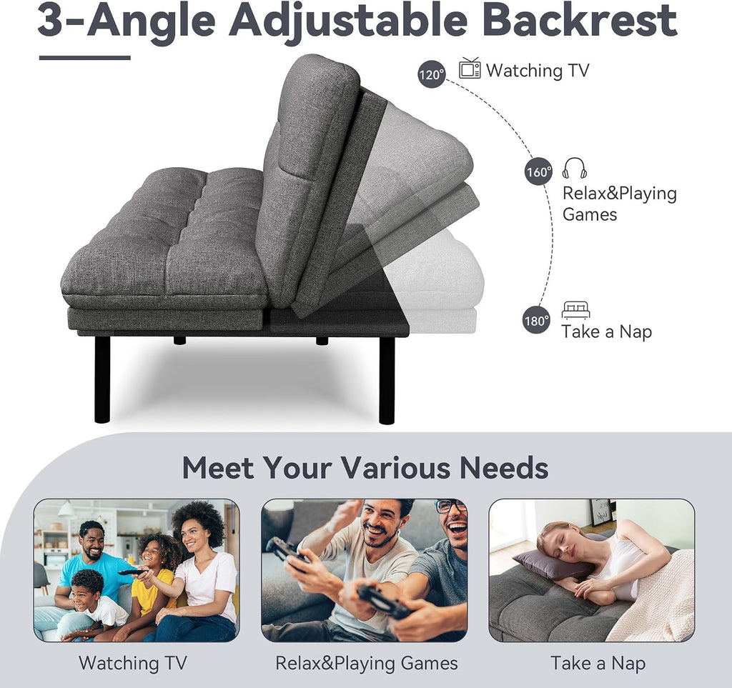 Convertible Futon Sofa Bed,Linen Futon Couch with Detachable Cushion,Adjustable Backrest & Armrest,Modern Small Loveseat Sleeper Recliner for Living Room,Office,Apartment,Grey