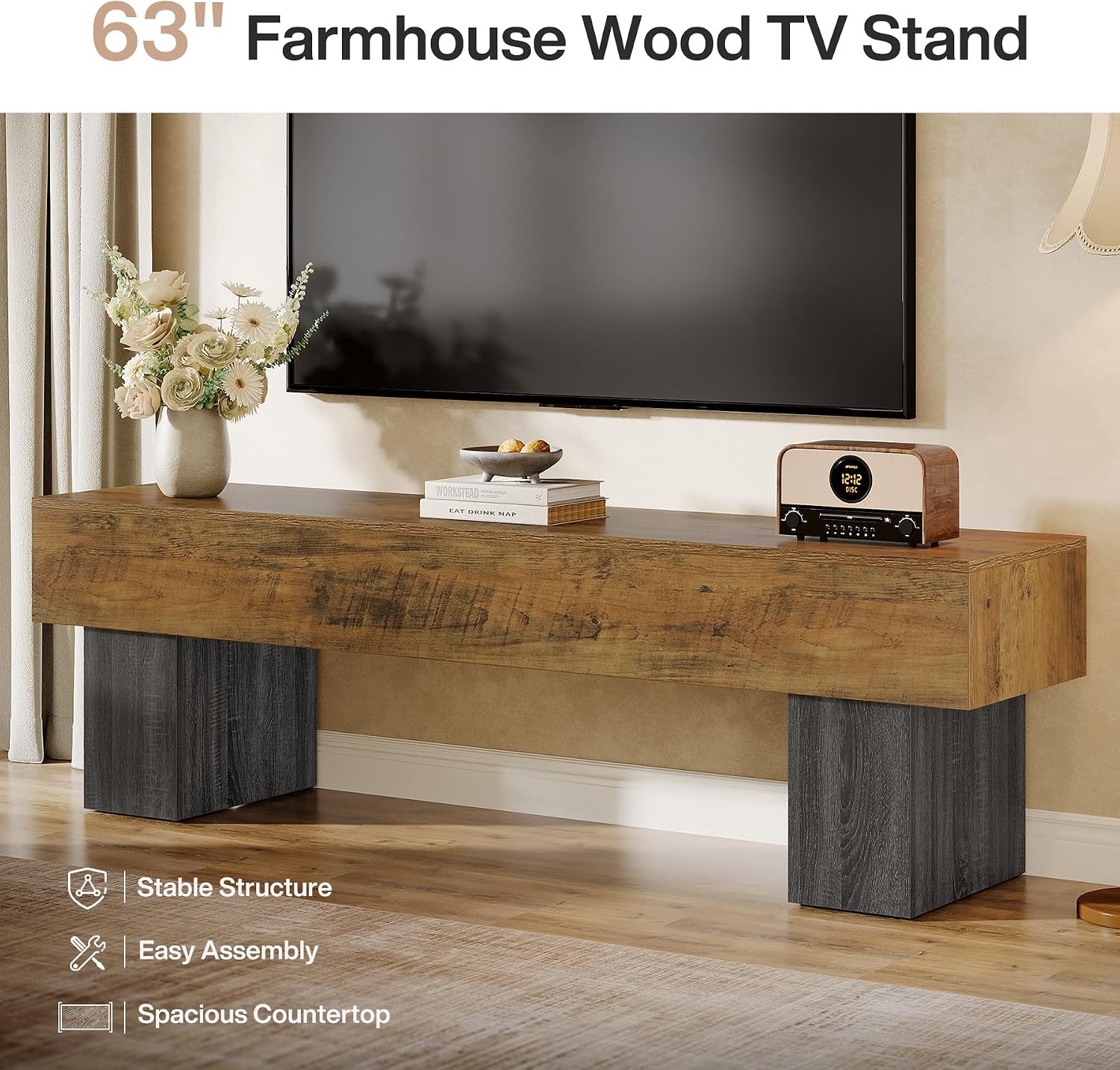 Tribesigns 63' TV Stand, Farmhouse Entertainment Center, Low TV Console Table for Living Room, Long Media Console Television Stands for 55/60/65 Inch TV