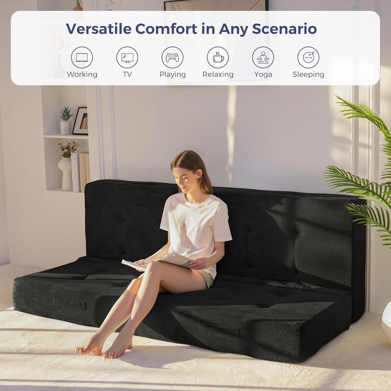 MAXYOYO 8' Foldable Floor Sofa Bed, Tufted Foldable Couch Bed Thick Folding Mattress with Handles, Versatile Folding Sofa Couch for Floor Sleeping, Living Room & Guest Room, Black