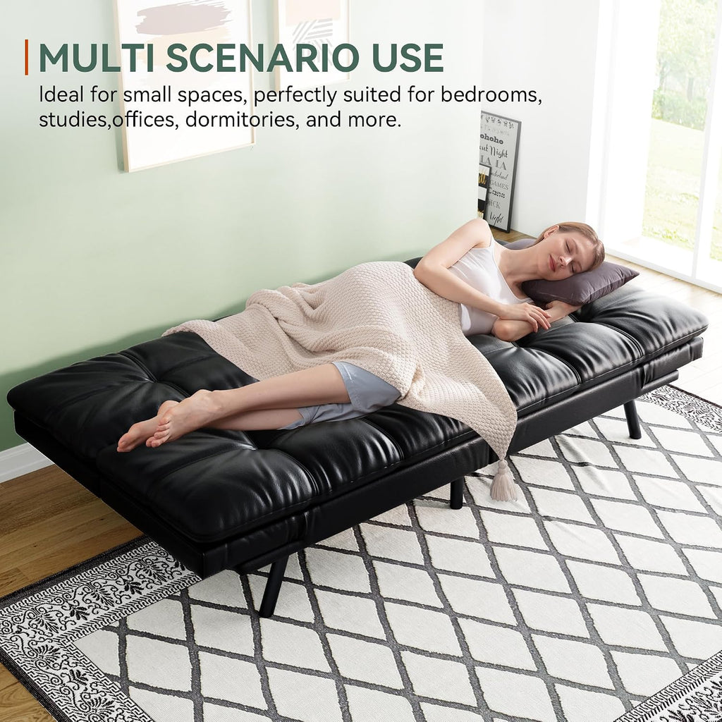 Opoiar 71' L Covertible Futon Sofa Bed,Faux Leather Futon Couch, Memory Foam Modern Loveseat Sleeper, Small Splitback Sofa Couches for Living Room,RV,Home Office,Apartment,Black
