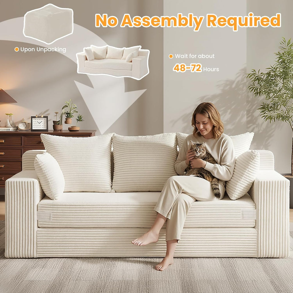Boneless Couch 70 inch, 3 Seater Couch with Pull Out Bed, Boneless Loveseat Oversize Beige Futon Couch Floor Bed with 5 Pillows for Living Room Bedroom Lounge Small Space