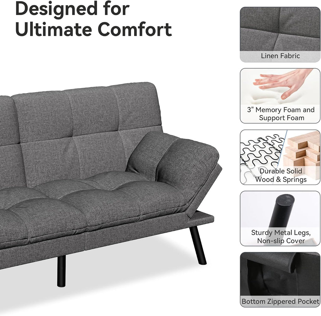 Vipbear 71' Convertible Futon Sofa Bed,Linen Fabric Futon Couch with Detachable Cushion,Adjustable Backrest & Armrest,Modern Loveseat Sleeper Recliner for Living Room,Office,Apartment,Grey