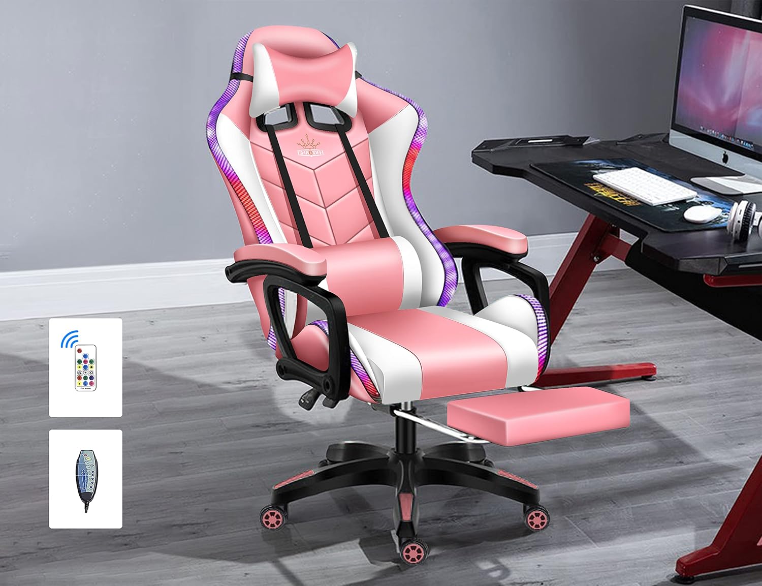 RGB Gaming Chair with Massage and Footrest, Ergonomic Pro Computer Chair with LED Lights and Speakers, High Back Music Video Chair with Lumbar Support and Headrest, for Adult Teens. (White + Pink)