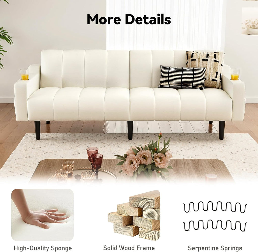 80'' Futon Sofa Bed,Faux Leather Futon Sleeper Sofa, Convertible Loveseat with Adjustable Sofa Backrest,Modern Couches for Living Room, Bedroom, Apartment, Office (Beige)