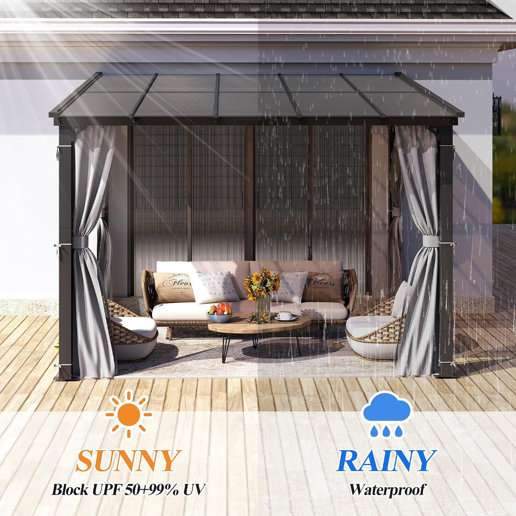 GARTOO 10' x 10' Gazebo for Patio - Aluminum Lean to Gazebos Pergola with Sloping Roof, Outdoor Wall-Mounted Canopy Awnings to House for Patio, Lawn, Garden, Backyard Deck