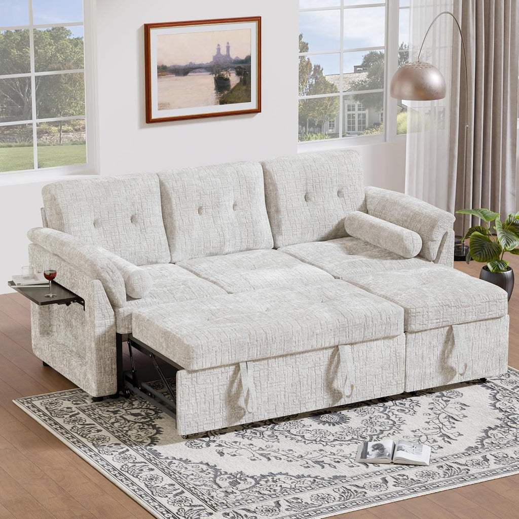 Convertible Sleeper Sofa Bed, 63 Inch Chenille Pull Out Couch with Side Table & Adjustable Backrest, Sectional Sleeper Sofa with Pull Out Bed for Living Room, Apartment, Beige