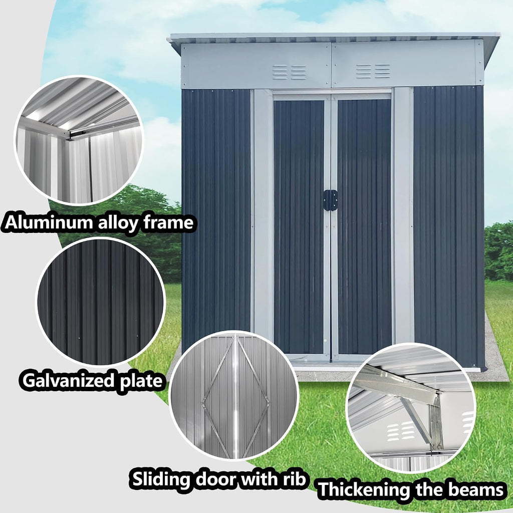 5 x 3 FT Outdoor Storage Shed, Metal Garden Shed with Aluminum Alloy Frame, Tool Shed Outdoor Storage with Lockable Sliding Doors & Vents, Small Storage House Waterproof for Backyard, Lawn, Gray