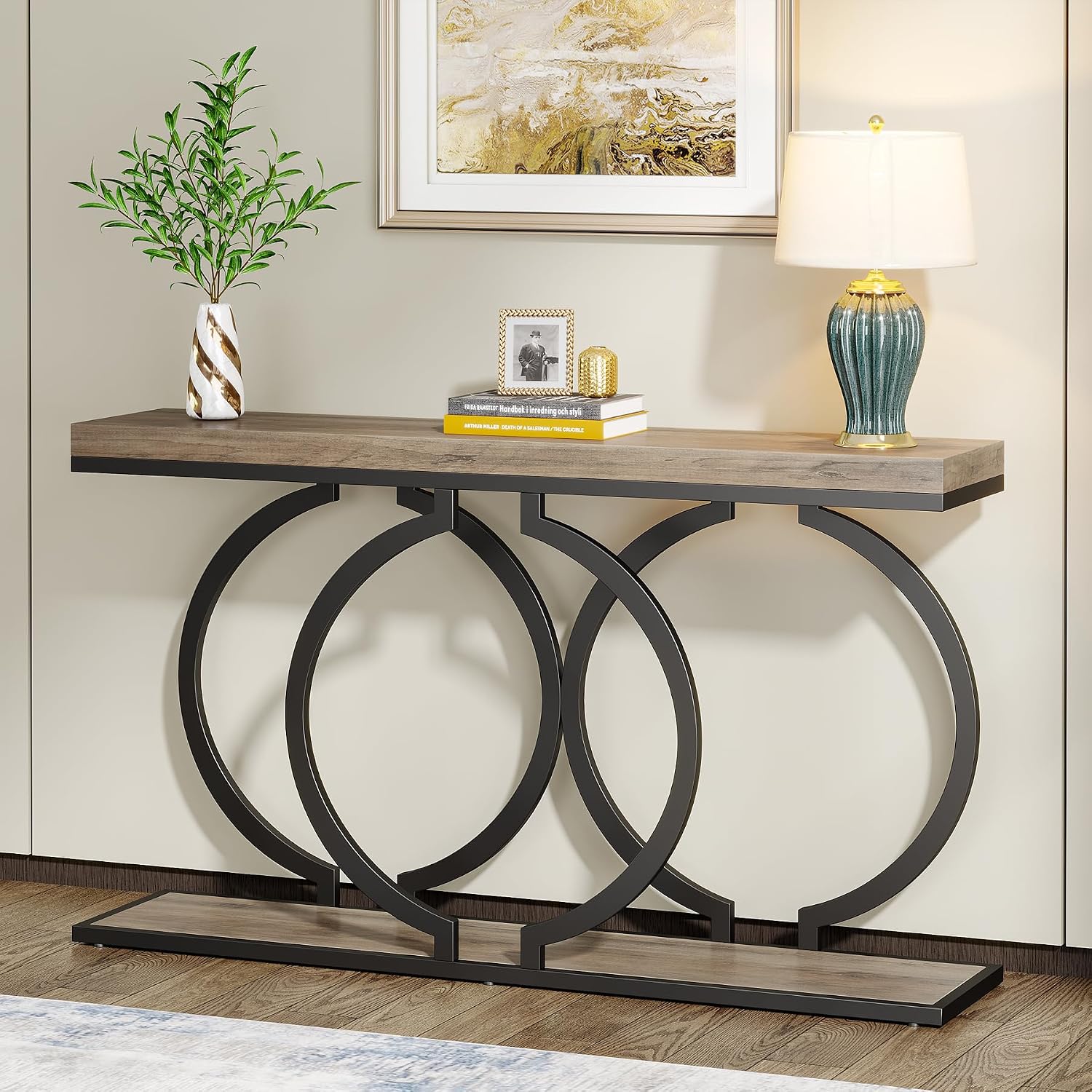 Tribesigns Console Table, 55-Inch Industrial Entryway Table with Geometric Metal Frame, Narrow Long Wood Accent Sofa Table for Living Room, Entrance, Hallway, Vintage Grey
