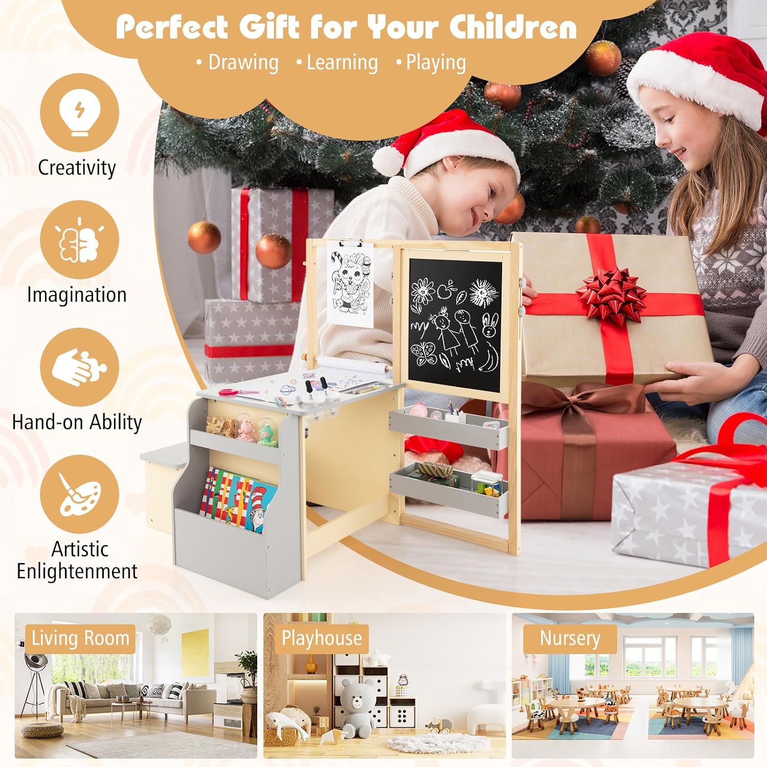 HONEY JOY Kids Art Easel, 6-in-1 Wooden Double-Sided Toddler Table & Chair Set w/Adjustable Magnetic White Board & Chalkboard, Paper Roll, Bookshelf, Storage, Kids Art Table and Chair (Gray)