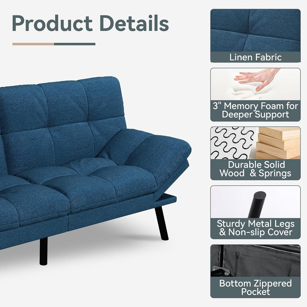 Vyfipt Convertible Futon Sofa Bed, Blue Linen Futon Couch with Adjustable Backrest & Armrests, Folding Small Recliner Sleeper Sofa Bed for Living Room, Apartment, Office