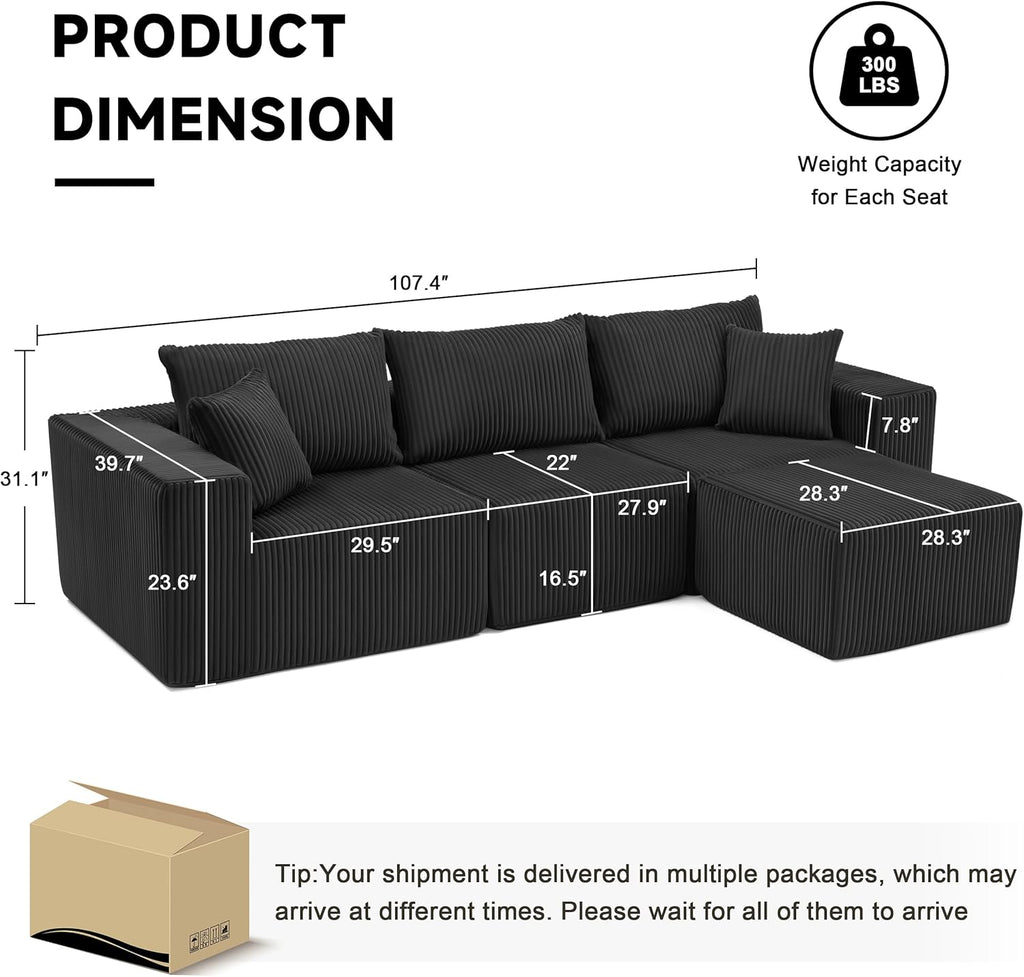 Weture 107.4' Cloud Couch Sectional, Modular Sofa with Deep Seat, Plush Corduroy L Shaped Boneless Couch, Convertible Sectional Couches for Living Room, 4Seat, Black