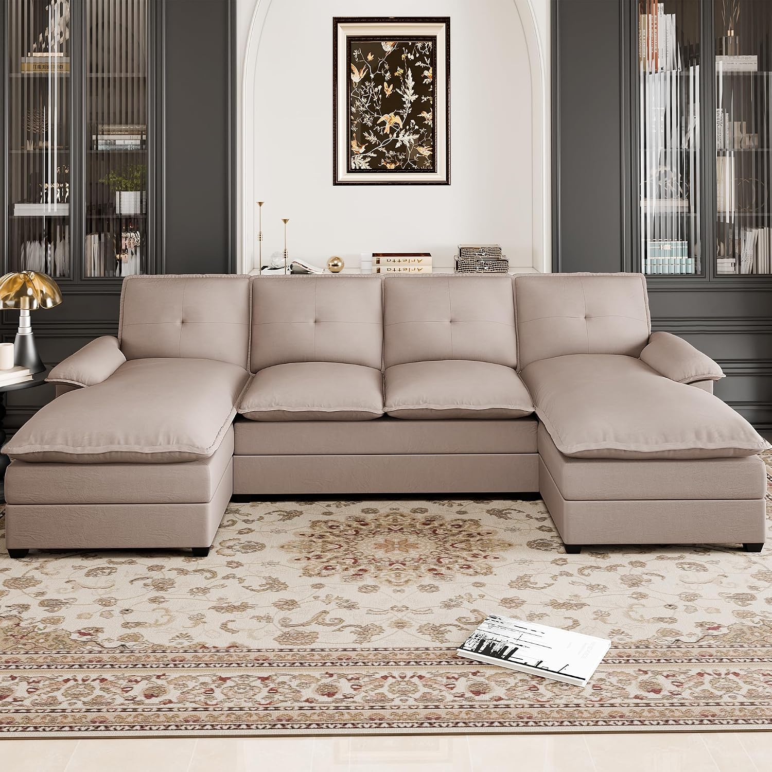 110' Sectional Couches for Living Room,4 Seat U Shape Modular Couch with Thick Cushion & Soft Backrest,Upholstered Sofa Couch with Double Chaise,Beige
