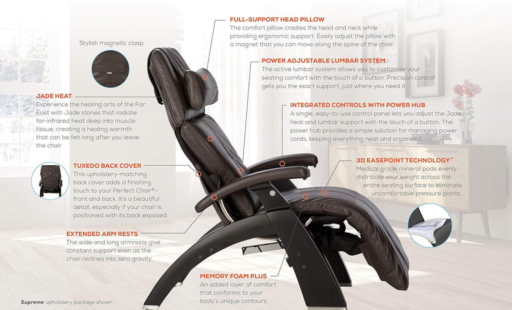 Perfect Chair Human Touch PC-610 Omni-Motion Classic Power Recline Zero Gravity Recliner Supreme Upholstery Package Matte Black Wood Stain - Oak Premium Leather