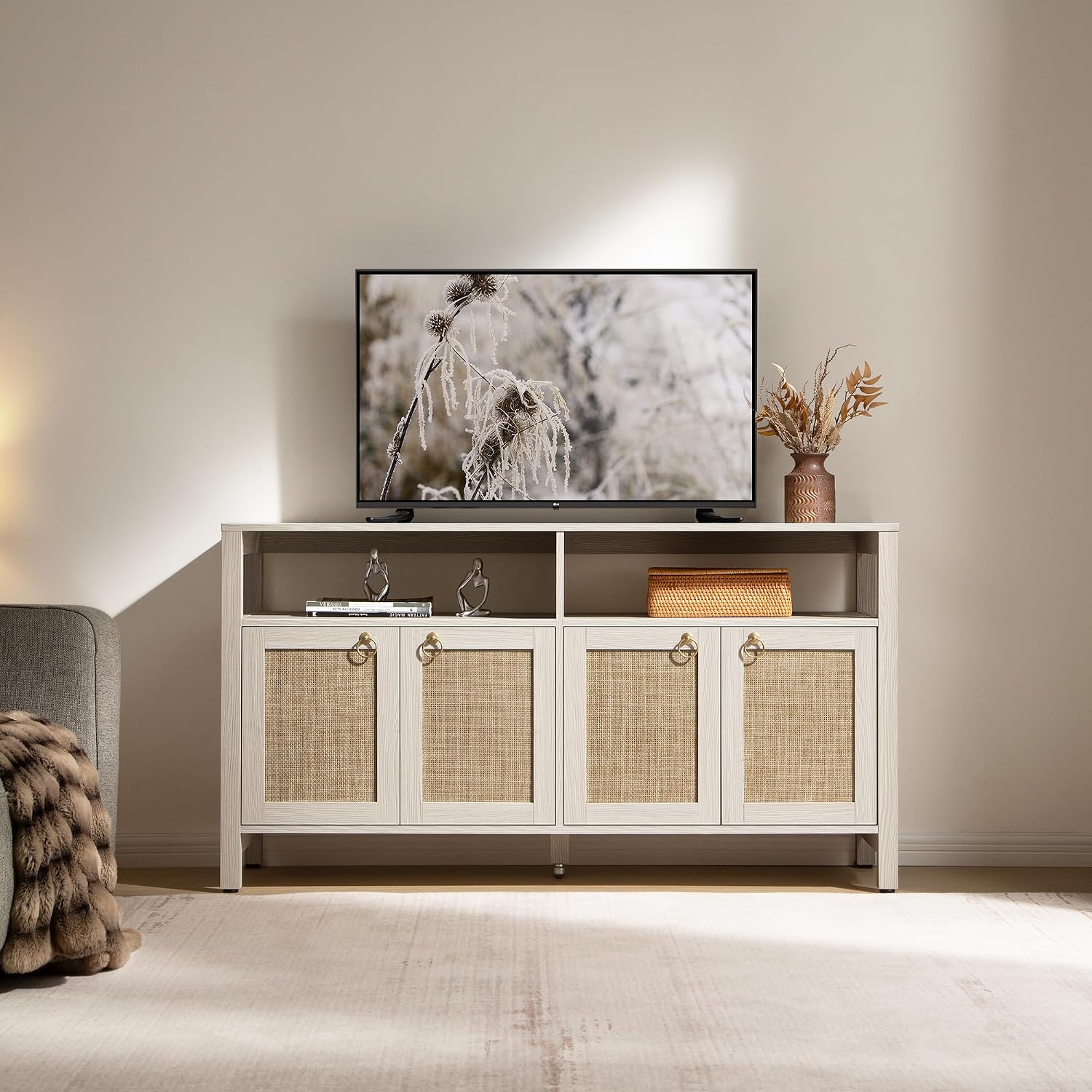 SICOTAS Rattan TV Stand for Television up to 120' - Large Entertainment Center with Storage and Open Shelves, Boho Media TV Console Cabinet with Doors and Adjustable Shelf for Living Room