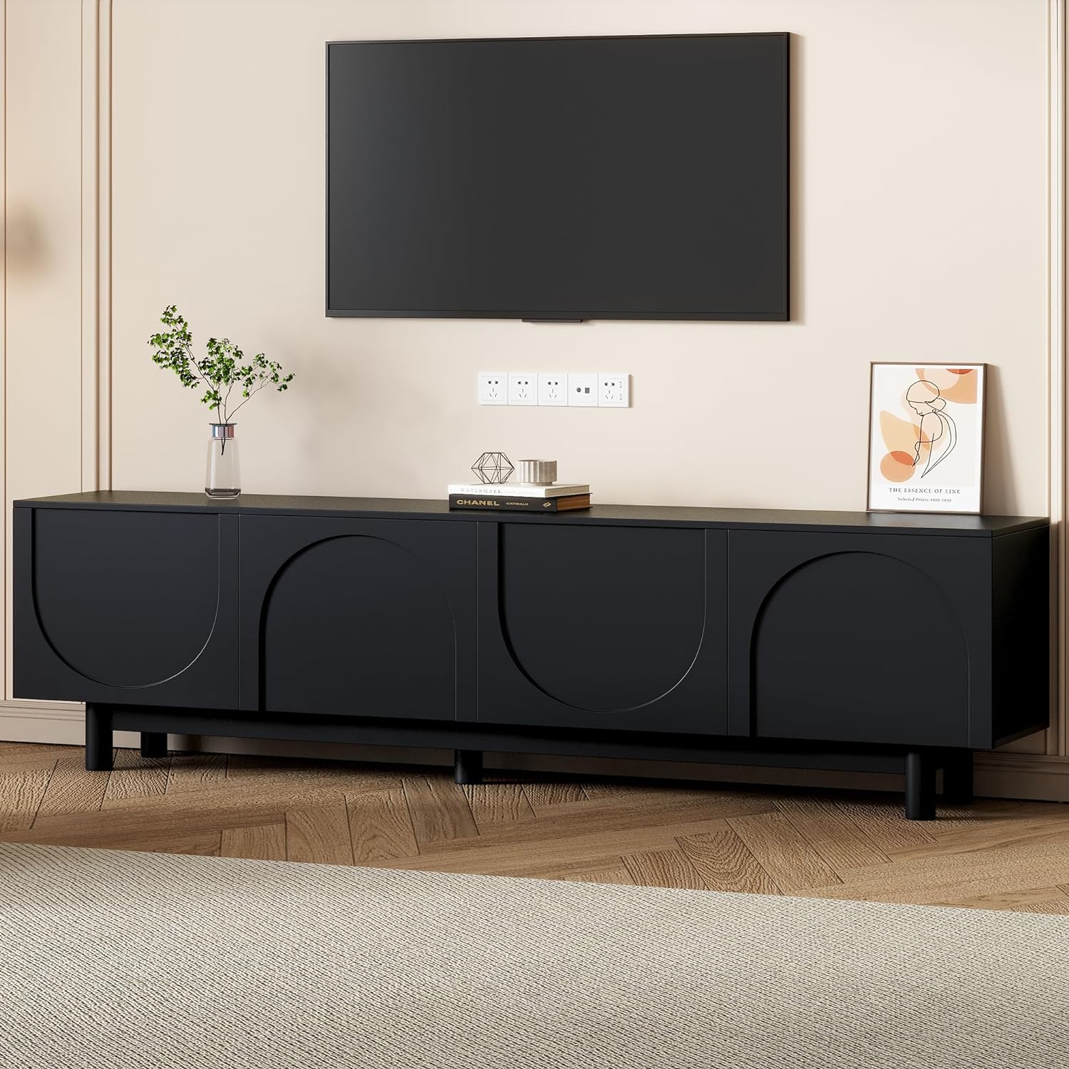 Merax Graceful TV Stand with Arch Cabinets for Televisions Up to 78'', Minimalist Entertainment Center with Solid Wood Legs and Adjustable Shelves, Practical Media Console for Living Room, Black