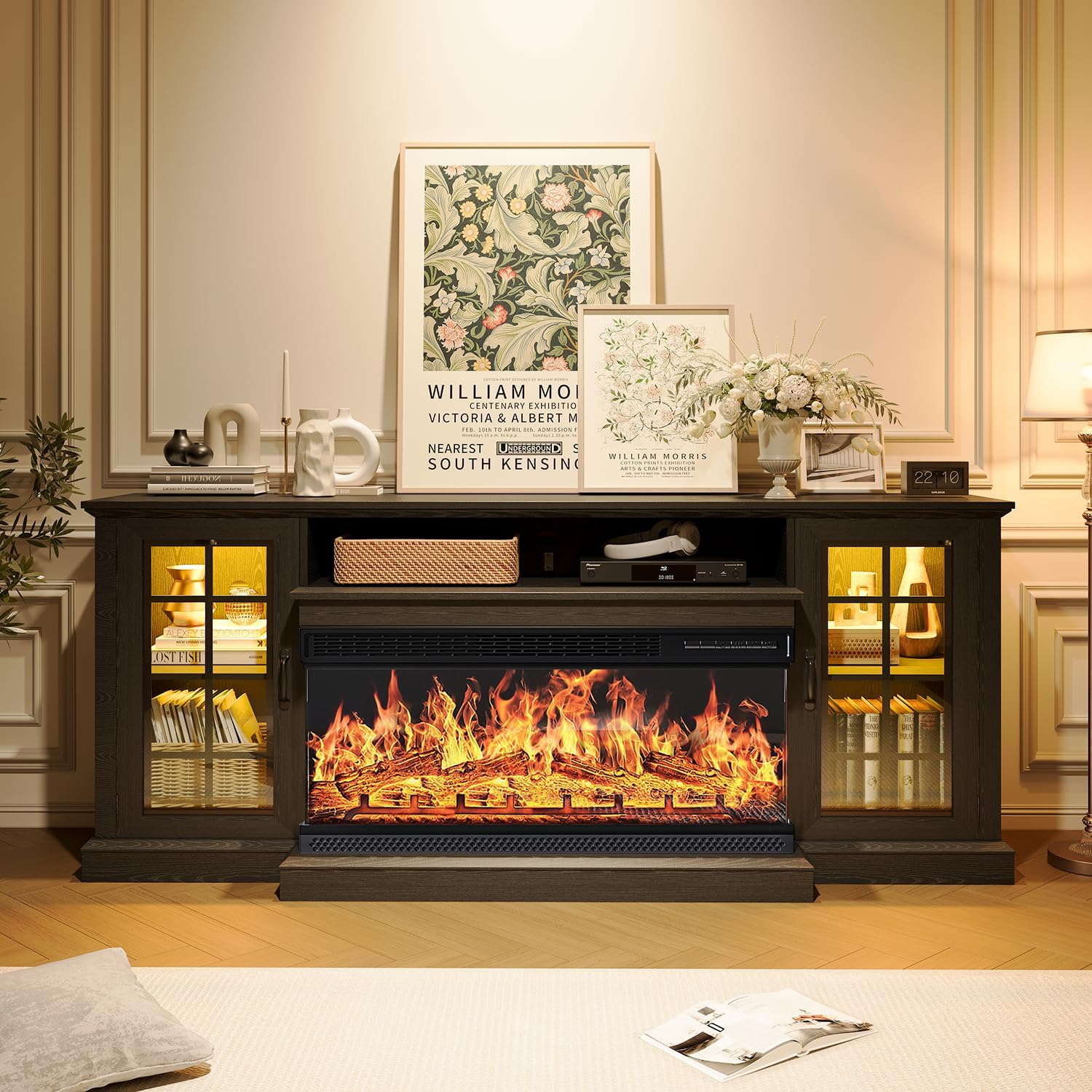 MXV 70'' Fireplace TV Stand, Farmhouse Entertainment Center with 3 Sided Glass TV Stand, Modern Media Console Table with Storage Drawers & Cabinets with LED Flame and Lights for Living Room, Black