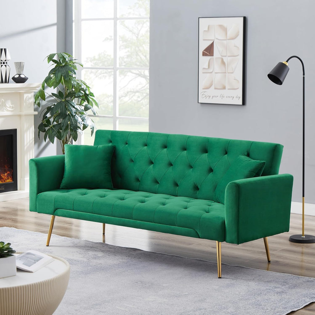 71.65'' Convertible Sofa Bed Modern Futon Set, Velvet Foldable Reclining Loveseat, Three Adjustment Angles,Mid Century Modern Couches for Living Room/Bedroom/Apartment, Easy Assembly,Green