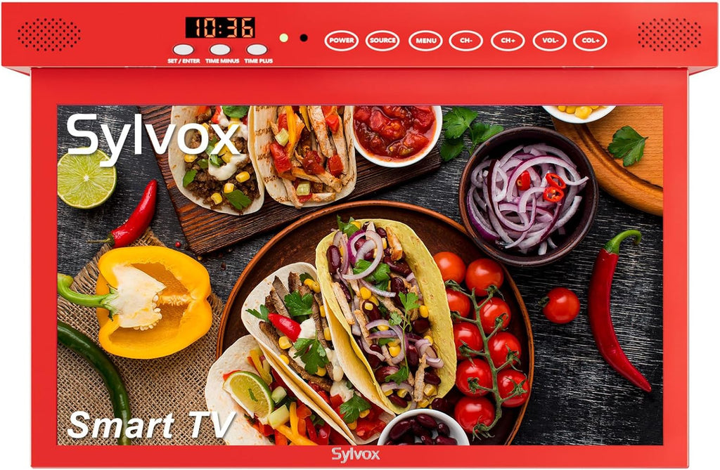 SYLVOX 15.6' Under Cabinet Smart TV – 360° Rotation, 90° Flip-Down Screen, Wireless Connectivity, Space-Saving Design for Kitchen, Bedroom, or RV. (Crimson)