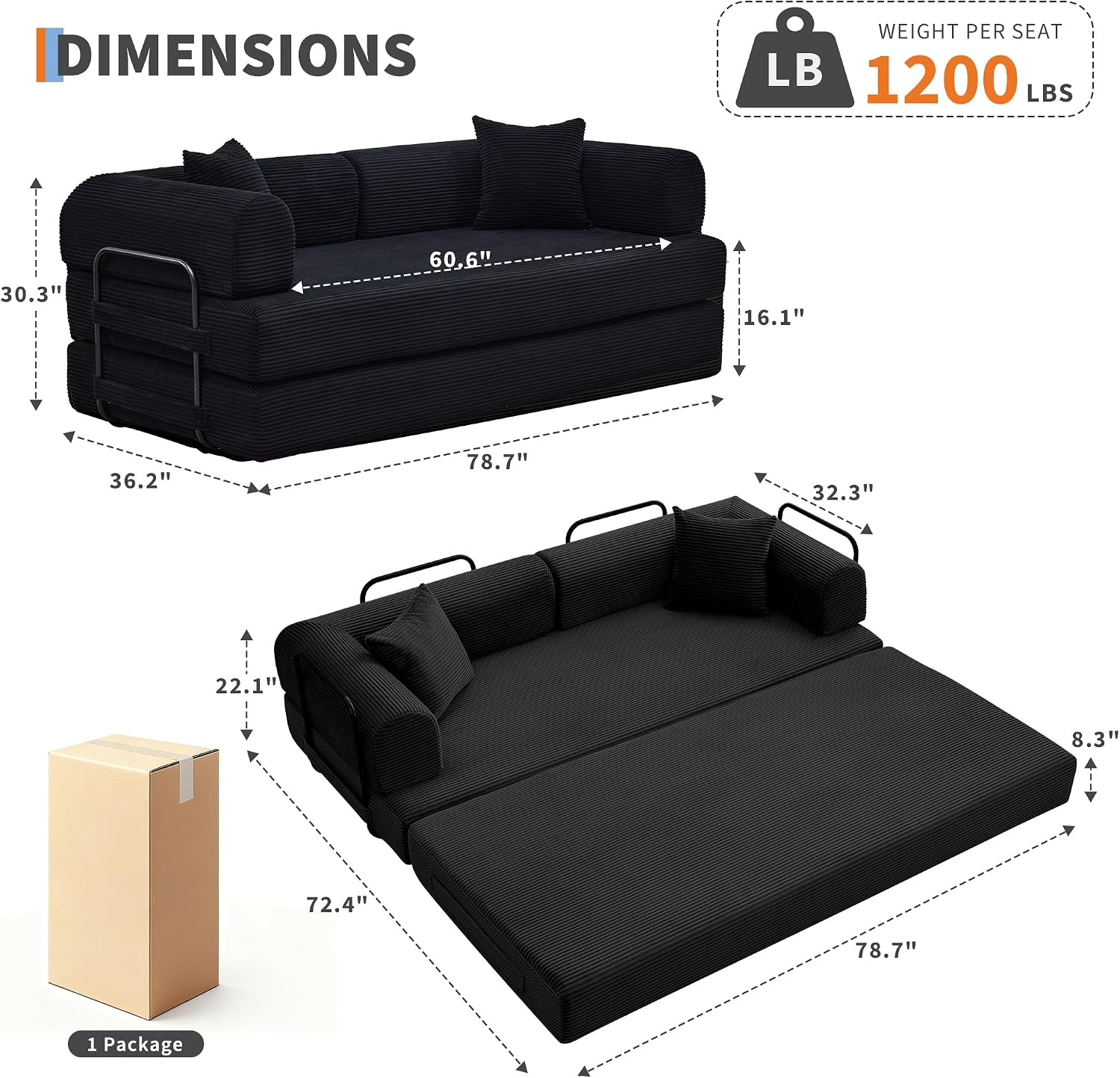 IDEALHOUSE 4 in 1 Convertible Sleeper Sofa Bed Couch, 79 Inch Boneless Corduroy Floor Couch with Pillows, No Assembly, Modern Deep Seat Sofa Futon Mattress for Living Room,Apartment,Black