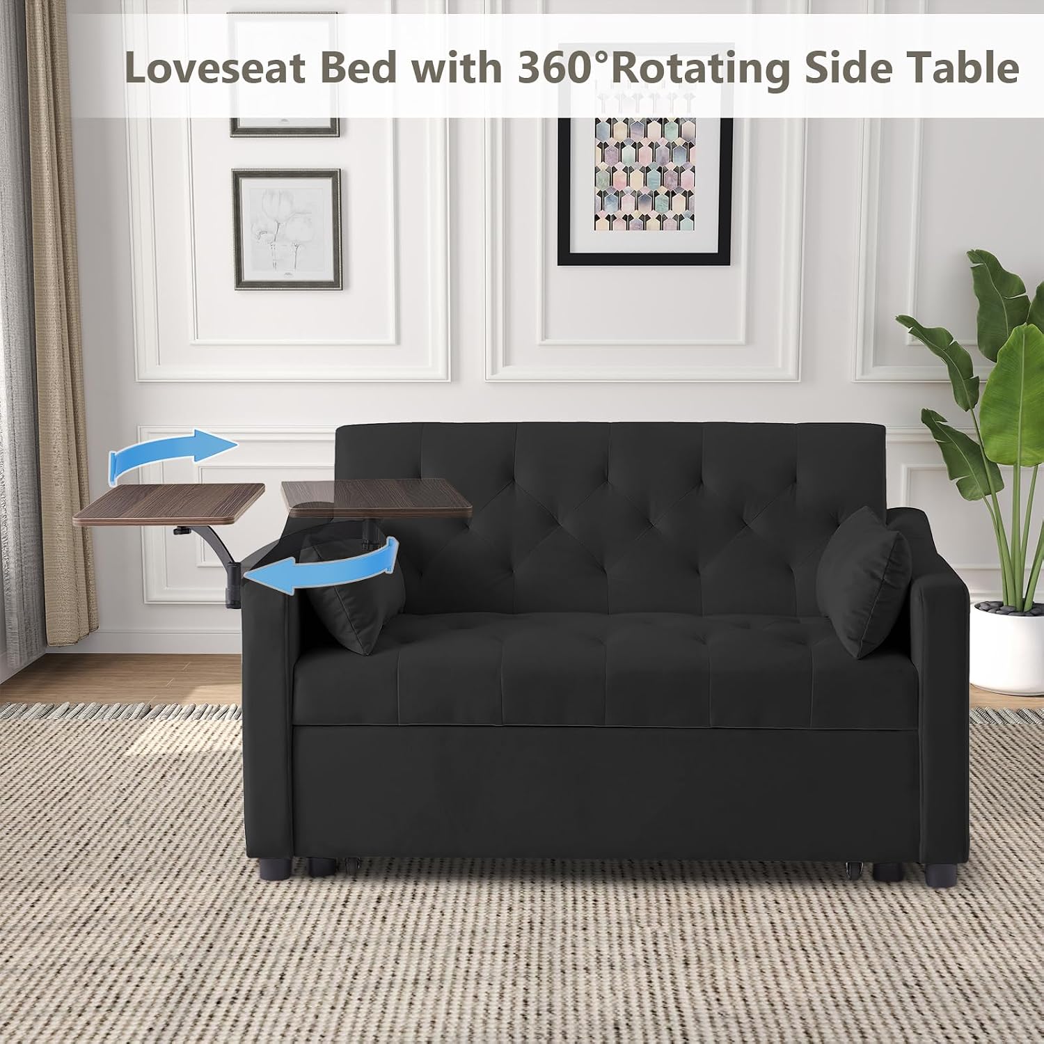 Skepphlay Convertible Couch, 3 in 1 Pull Out Sofa Bed with 3 Adjustable Backrest Loveseat with Storage and Pillows, Modern Recliner for Living Room Apartment, Black