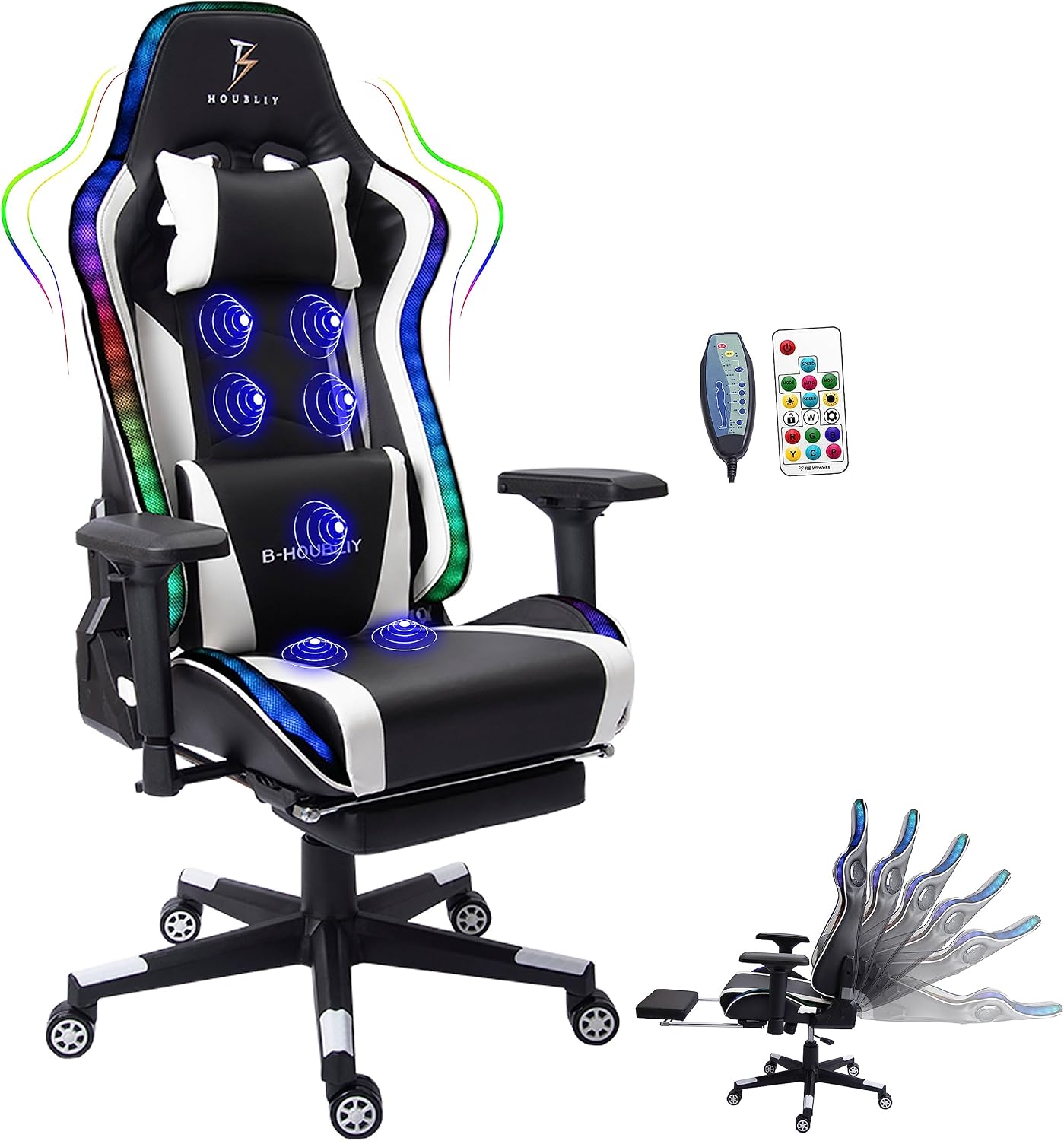 RGB LED Light Ergonomic Gaming Chair - Built-in Speakers, Full Body Massage, High-Back Office Recliner with Footrest - Comfortable Computer Chair Ideal for Adults and Teens.,White