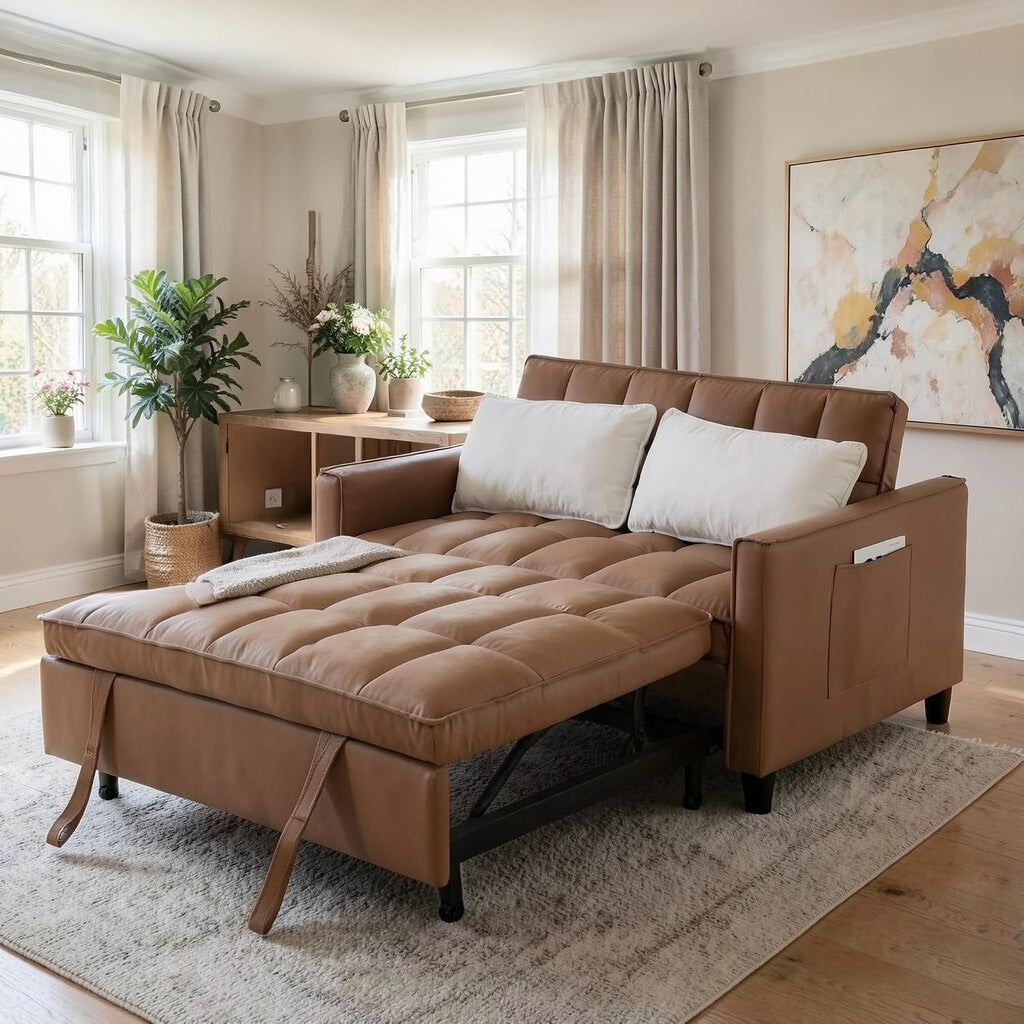 3 in 1 Convertible Sofa Bed, Love Seat Sleeper Bed with Side Pockets, PU Fabric Pull Out Couch with Adjustable Backrest for Living Room, Bedroom, Apartment, Brown