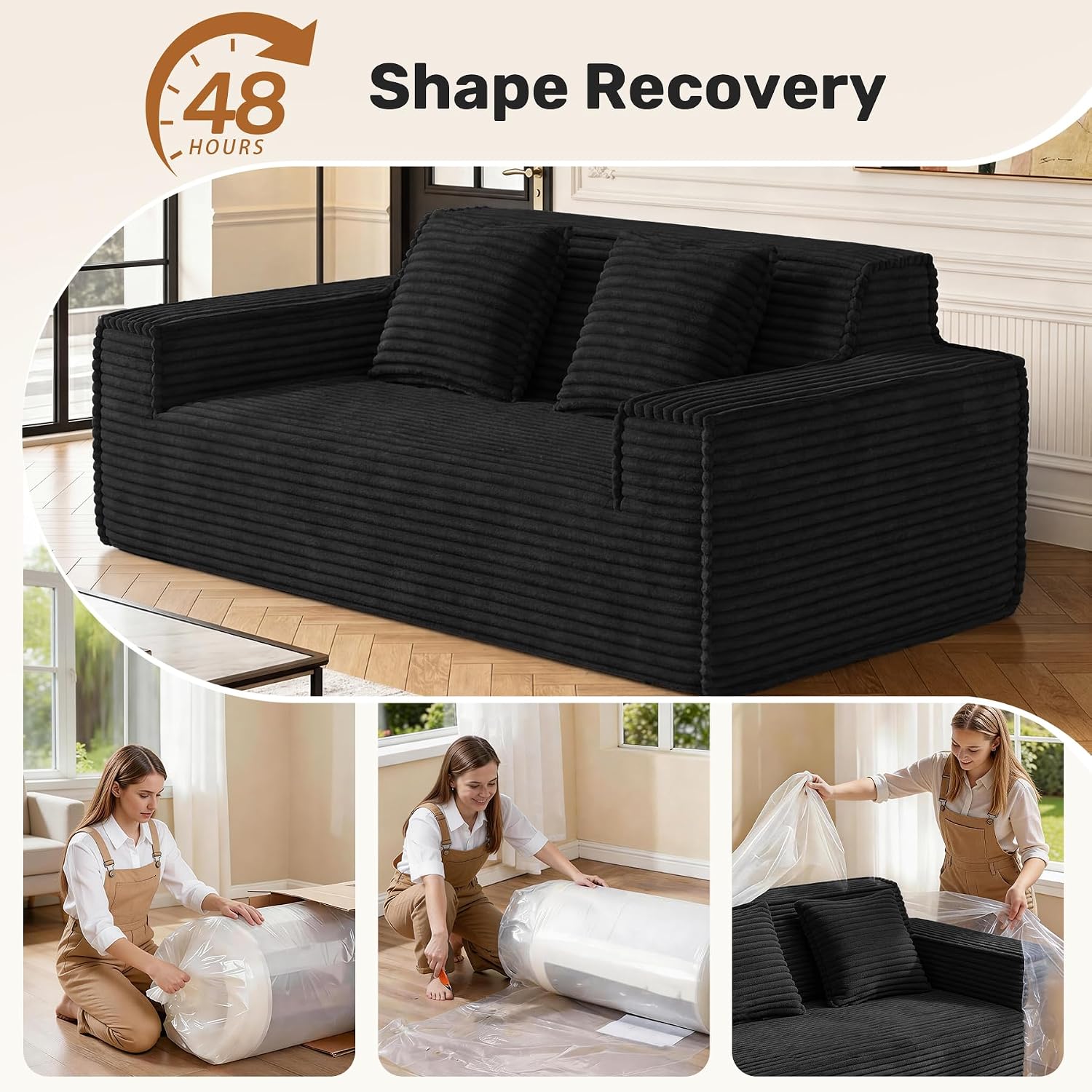 75'' Modern Cloud Loveseat Sofa Set of 2, No Assembly Required Comfy Deep Seat Couches 2 pcs for Living Room, Bedroom, Apartment (Corduroy-Black)