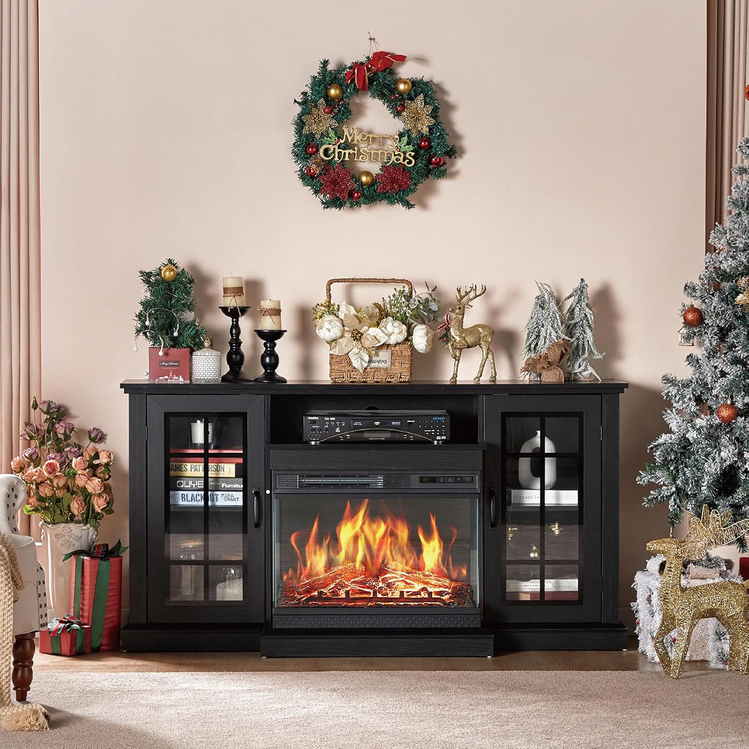AMERLIFE 3-Sided Glass Fireplace TV Stand for TVs up to 65'', Media Entertainment Center Console Table with Door Closed Storage, Black