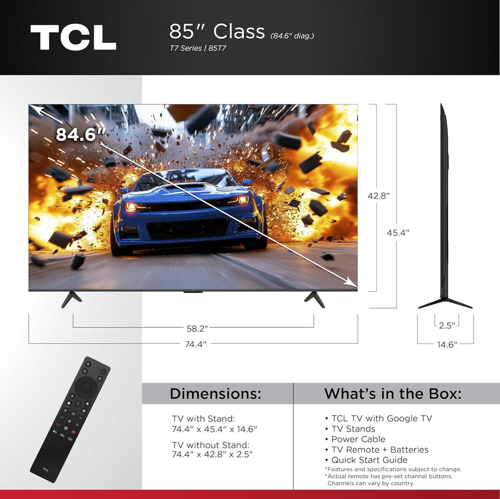 TCL 85 Inch Class T7 Series | 4K QLED HDR | 85T7, 2025 Model | 120HZ-144HZ High Brightness Smart Google TV Dolby Atmos Audio | Voice Remote Alexa Gaming Streaming Television