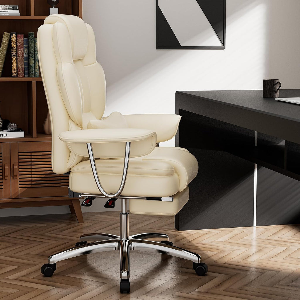 Office Chair, Big Executive Office Chair with Footrest, Ergonomic Reclining Chair High Back,Leather Computer Chair for Adult(Beige)