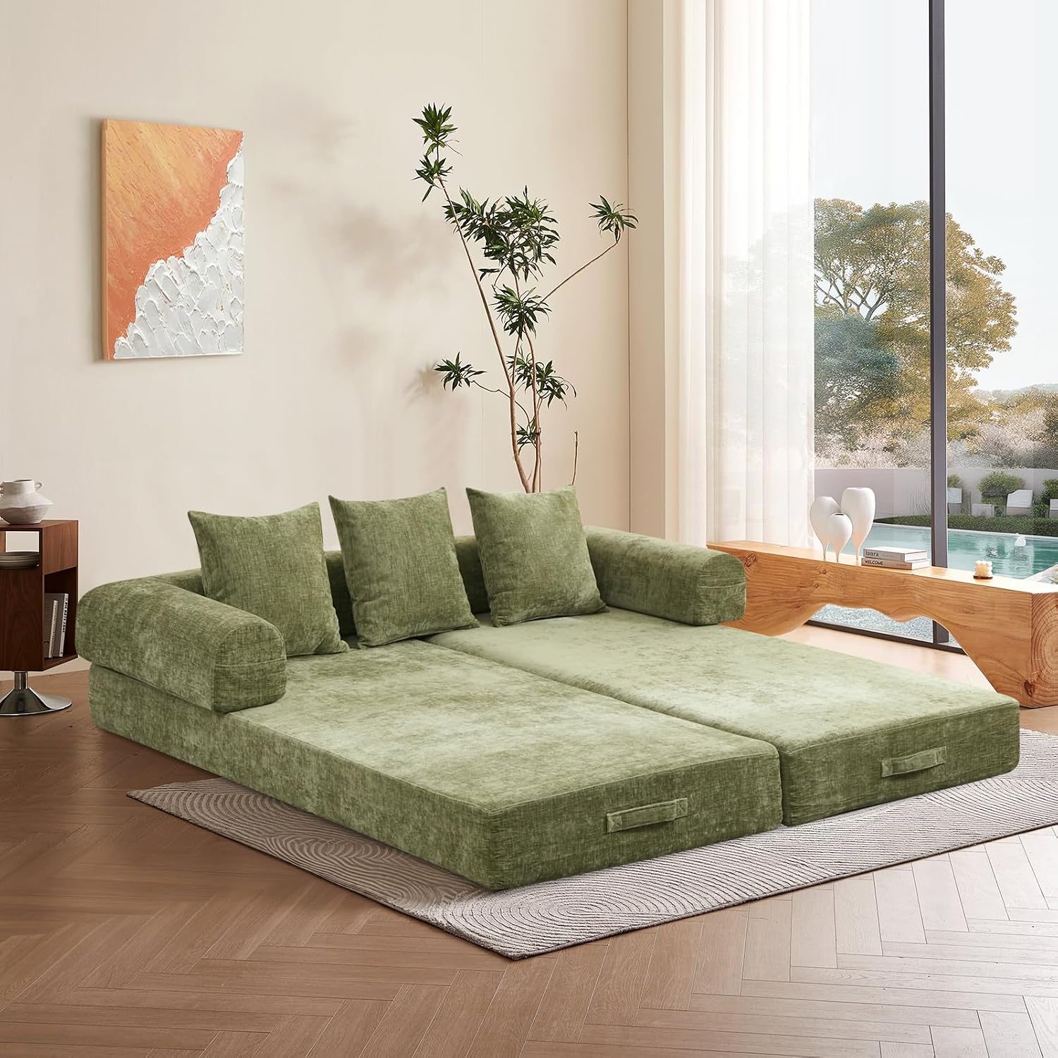 Futon Sofa Bed, Modular Convertible Folding 3 Seater Chenille Foam Floor Loveseat Sleeper Sofa Couch with 3 Pillows, No Assembly Compressed Boneless Couch, for Living Room Bedroom Guest Room, Green