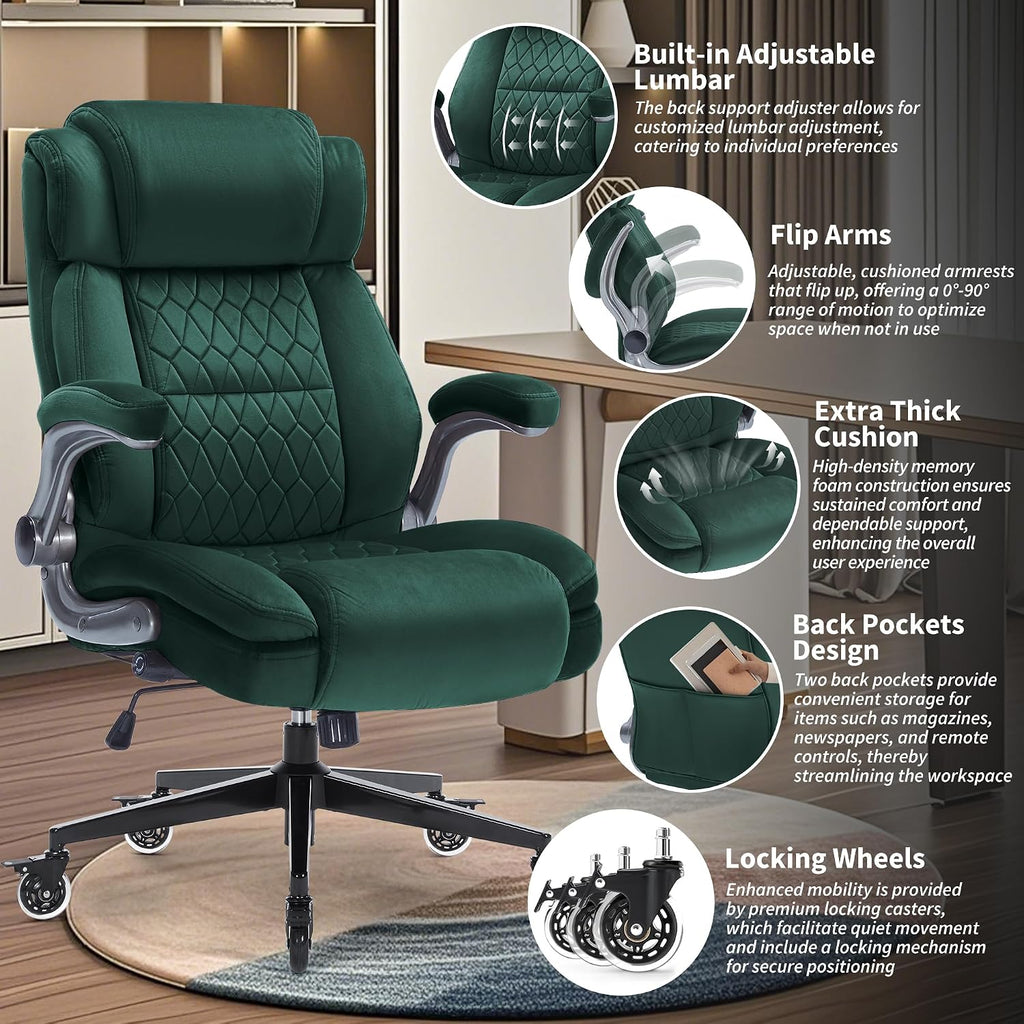 Office Chair with Locking Wheels, Ergonomic High Back Fabric Desk Chair with Adjustable Lumbar Support, Flip-Up Arms, Thick Padded Seat, 400lbs Heavy Duty for Home Office Adults