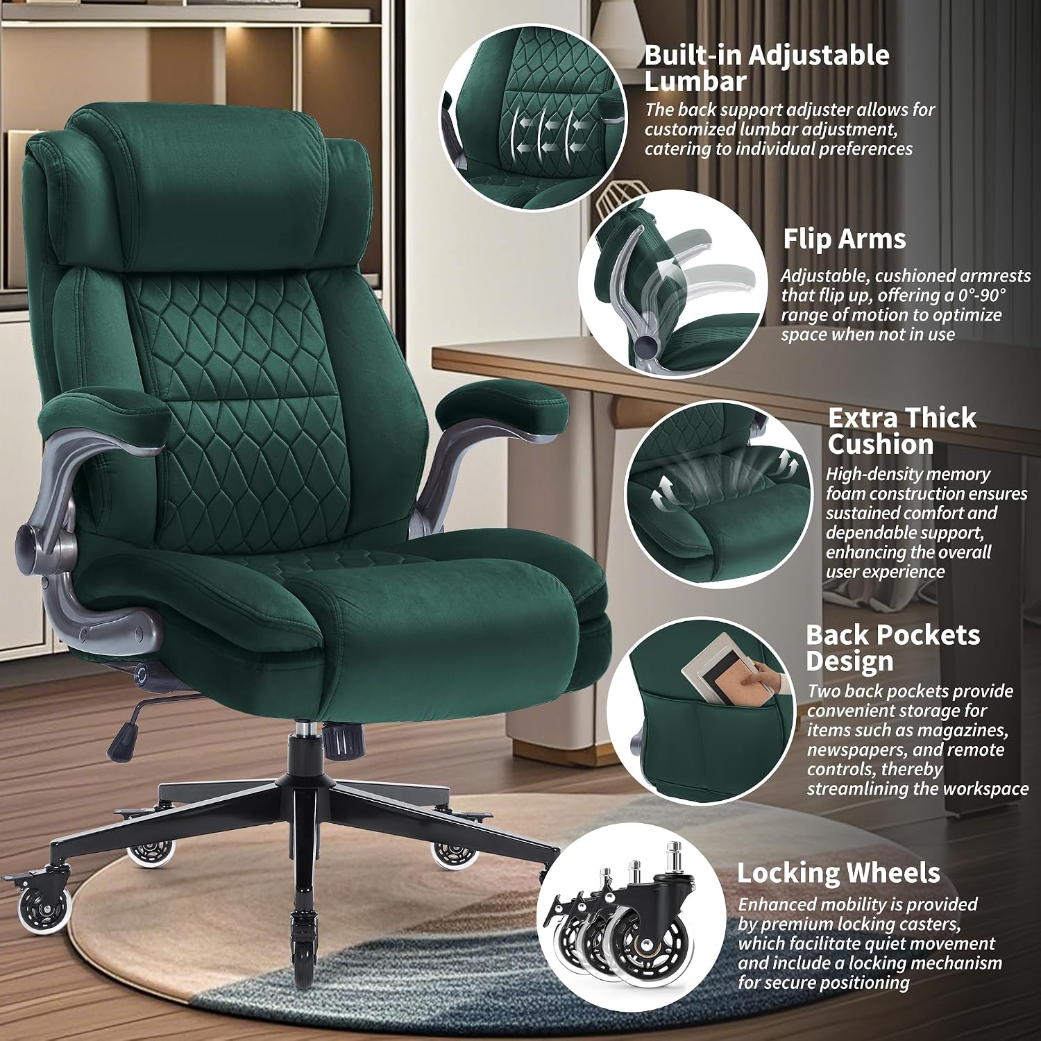 Office Chair with Locking Wheels, Ergonomic High Back Fabric Desk Chair with Adjustable Lumbar Support, Flip-Up Arms, Thick Padded Seat, 400lbs Heavy Duty for Home Office Adults