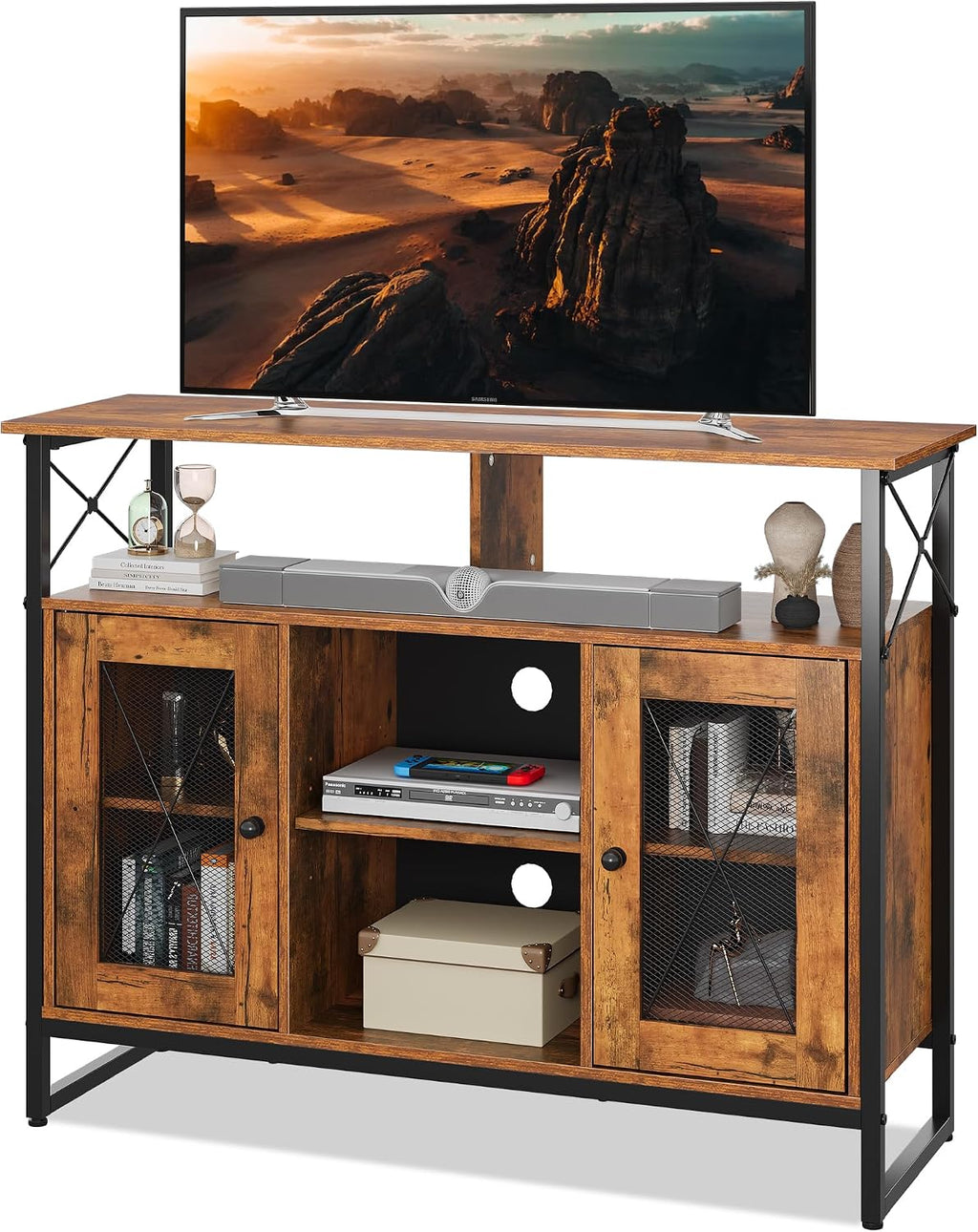 WLIVE TV Stand for 43 Inch TV, Small Entertainment Center with Storage Cabinet & Adjustable Shelves, Farmhouse Industrial TV Stands for Living Room and Bedroom, 32' TV Console, Rustic Brown