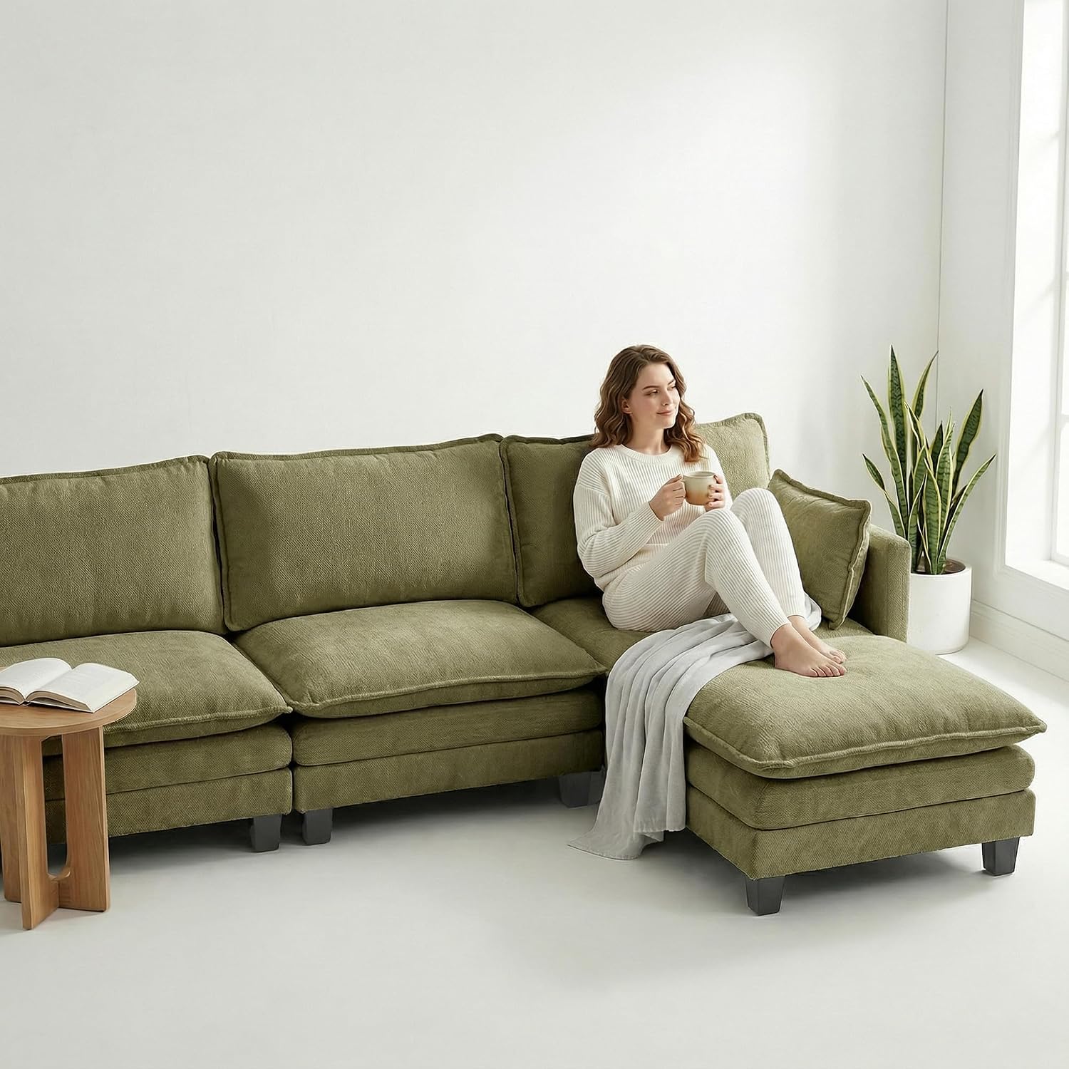 Eafurn Modular Sectional Sofa with Movable Ottomans for Living Room, 4 Seater Convertible U Shaped Sectional Couch Modern Reversible Chenille Sofa Set w/USB Ports and Side Pockets