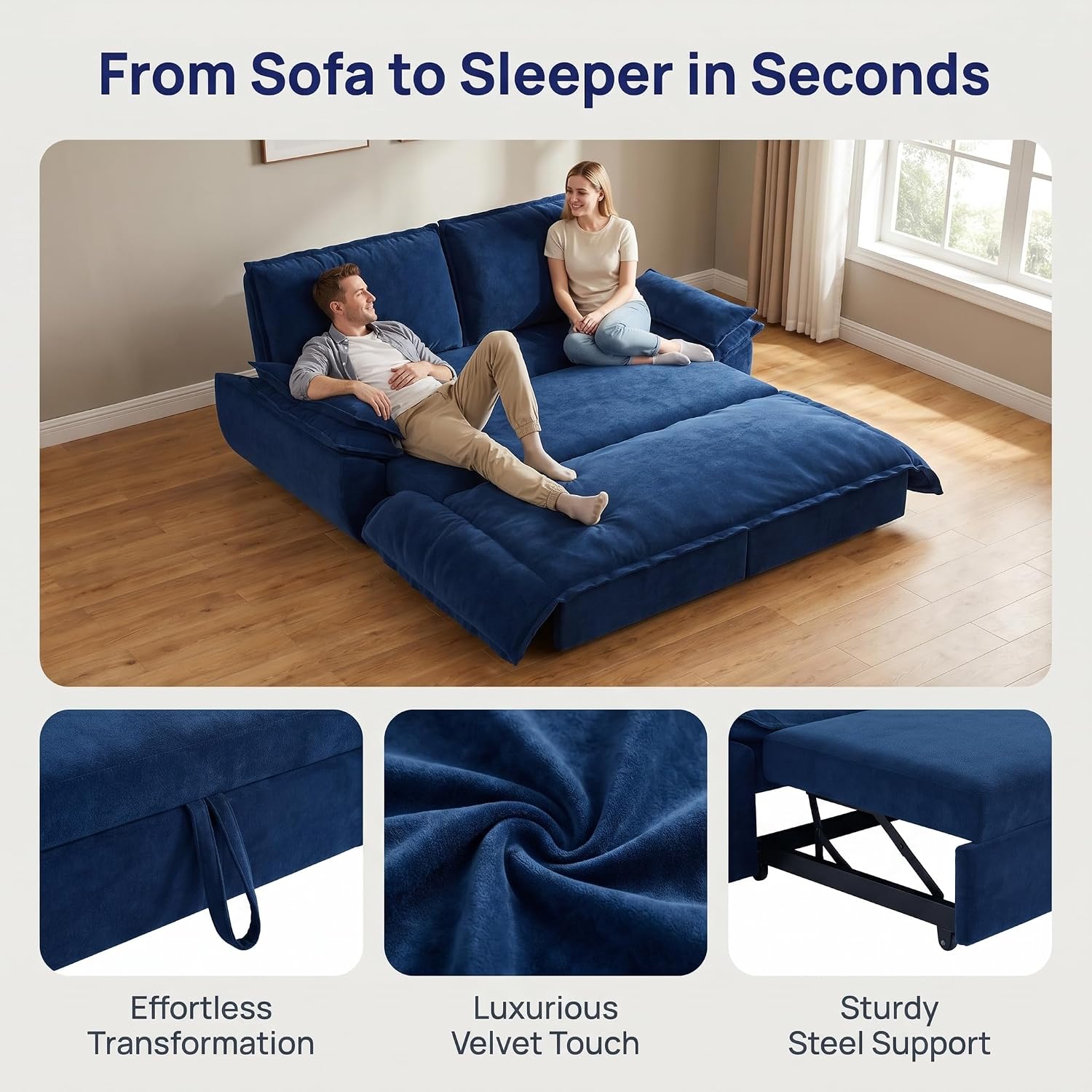 73.2' Sofa Bed Queen, 3-in-1 Pull Out Sofa Bed with Pillow Armrest, Modern Velvet Convertible Sleeper Futon Sofa for Living Room Small Space, Apartment, Bedroom, Blue