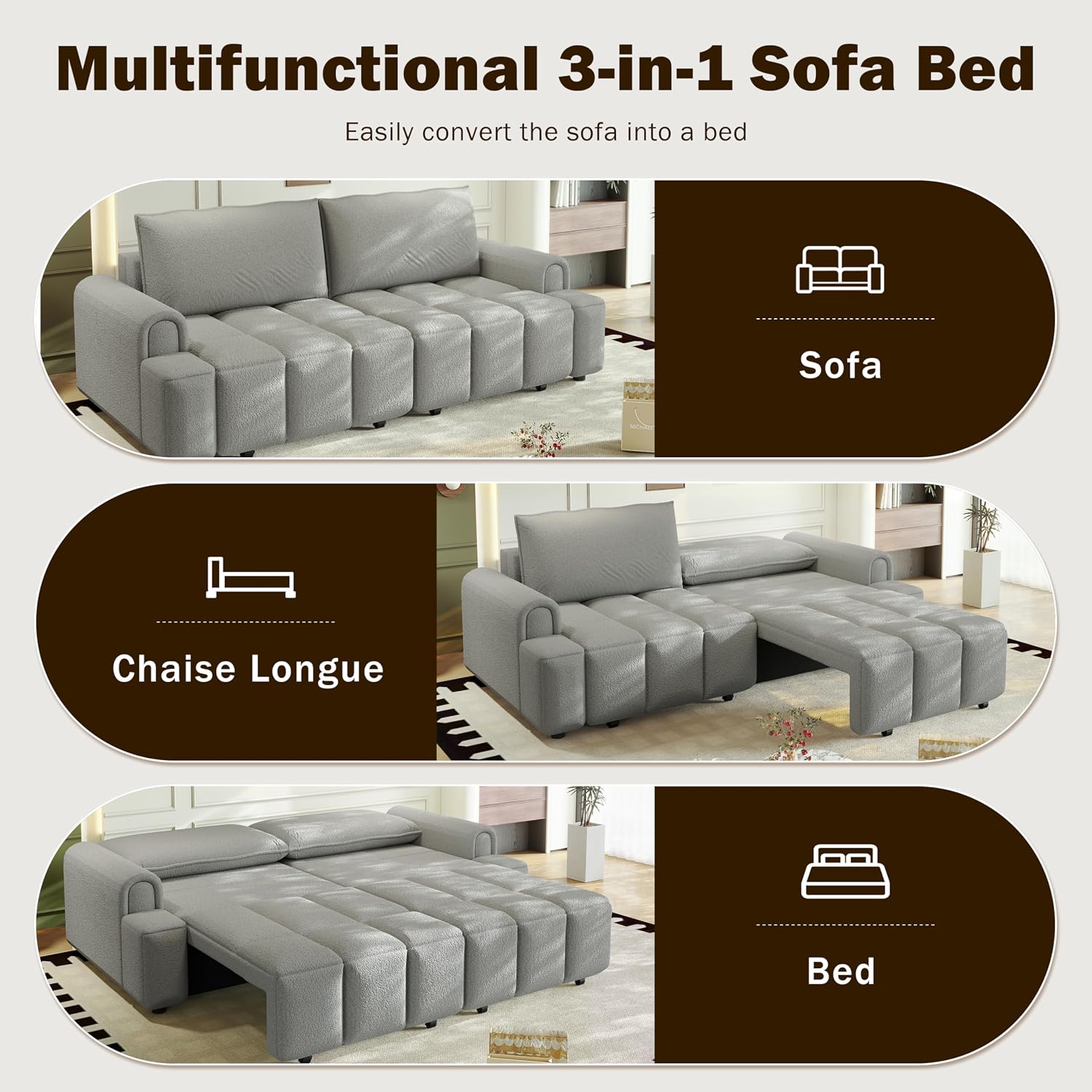 90.2' Futon Sofa Bed King, 3-in-1 Teddy Convertible Sofa, Upholstered Loveseat Couch with Pull Out Bed, L Shape Couches Small Spaces, Deep Seat, Storage for Living Room, Apartment, Light Grey