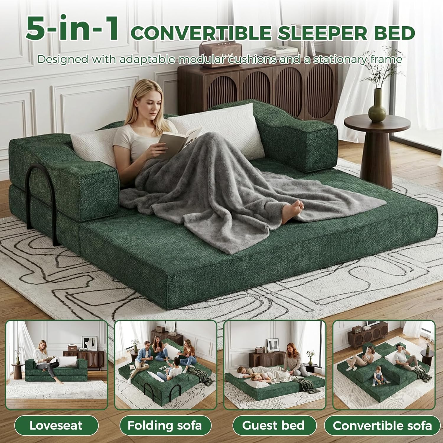 80' King Size Convertible Sofa Bed Sleeper, Foldable Futon Couch with Memory Foam & 2 Pillows, Chenille Fabric Modular Loveseat for Small Spaces, Apartment, Living Room, Studio (Green, 80in)