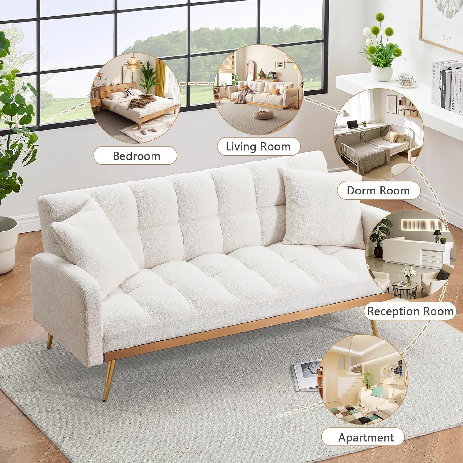 Teddy Futon Sofa Bed,69' Modern Small Love Seat Couch for Small Spaces,Convertible Tufted Sleeper Sofa Loveseat Couch Bed with Gold Metal Legs for Living Room,Bedroom (Teddy Beige)