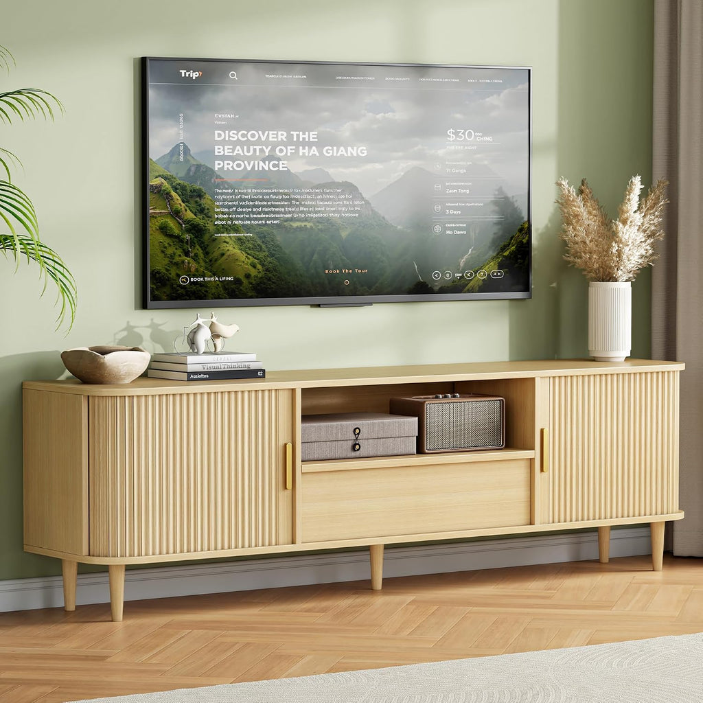 IRONCK Modern Fluted TV Stand for TVs Up to 80 inches, 69' Entertainment Center with Storage Drawer, TV Console with Sliding Doors and Adjustable Shelves, Media Console for Living Room Bedroom, Oak