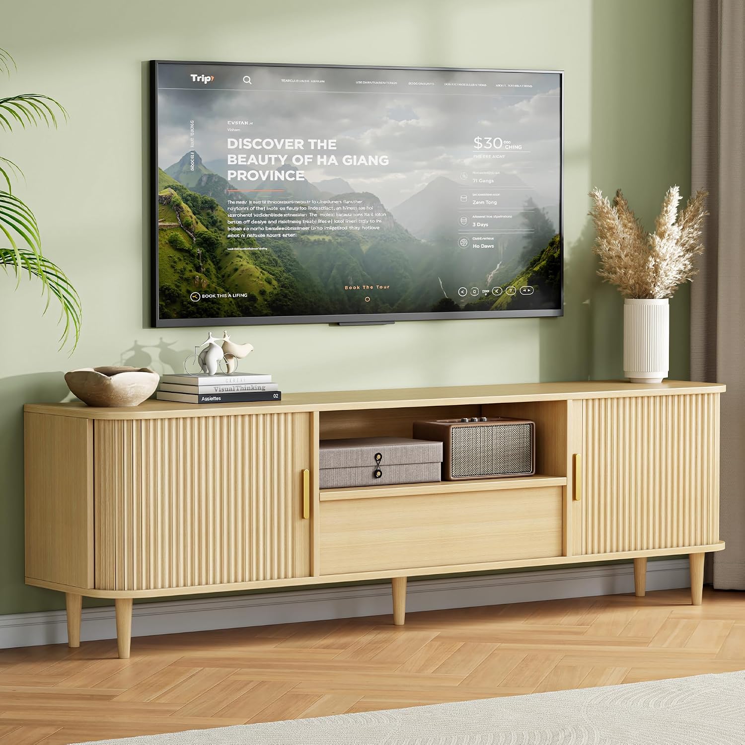 IRONCK Modern Fluted TV Stand for TVs Up to 80 inches, 69' Entertainment Center with Storage Drawer, TV Console with Sliding Doors and Adjustable Shelves, Media Console for Living Room Bedroom, Oak