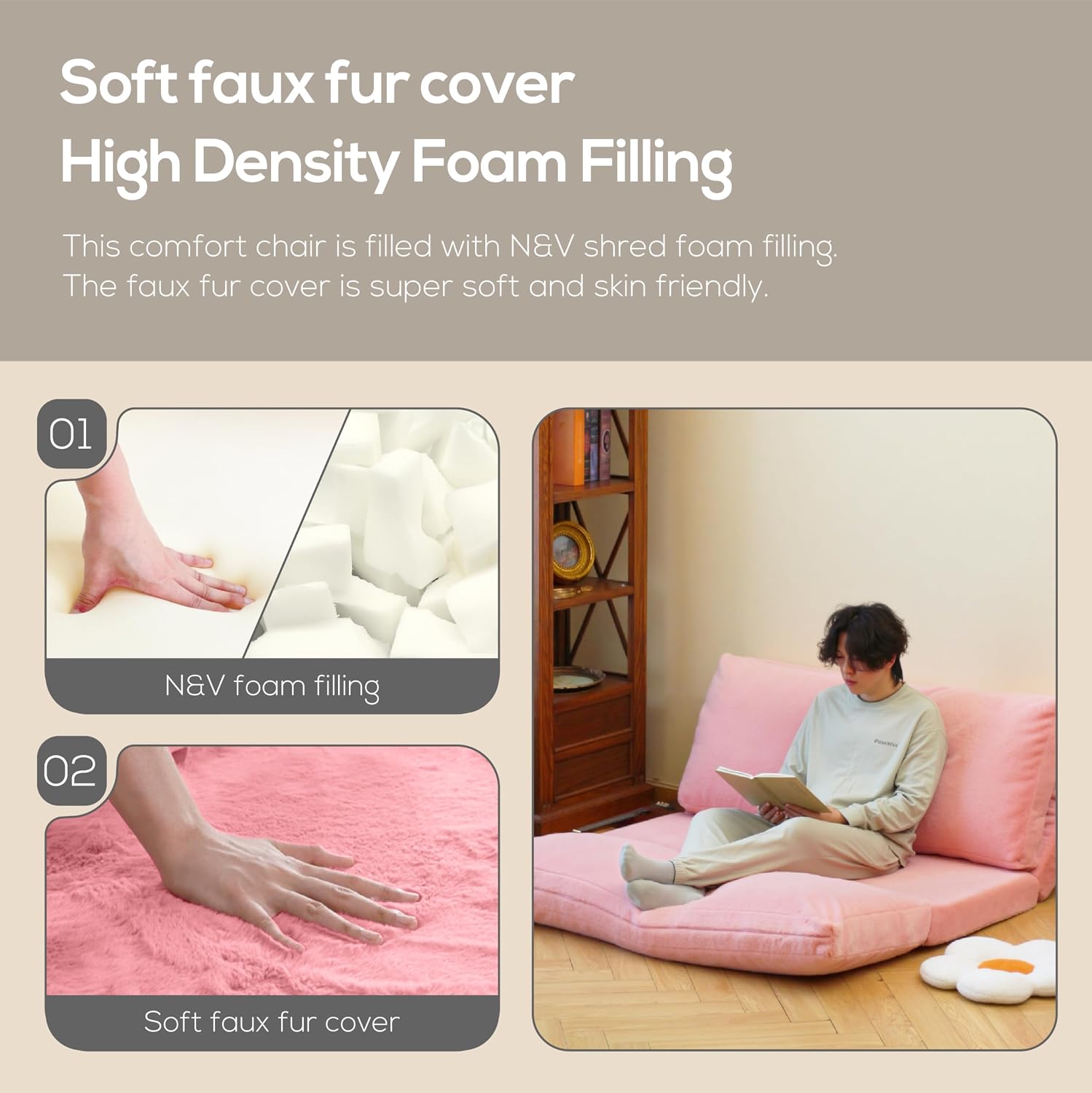 N&V Folding Matress Sofa Bean Bag Bed, Foam Filling Folding Matress Sofa, Includes Removable and Machine Washable Cover, Soft Premium Faux Fur (Large, Brown)