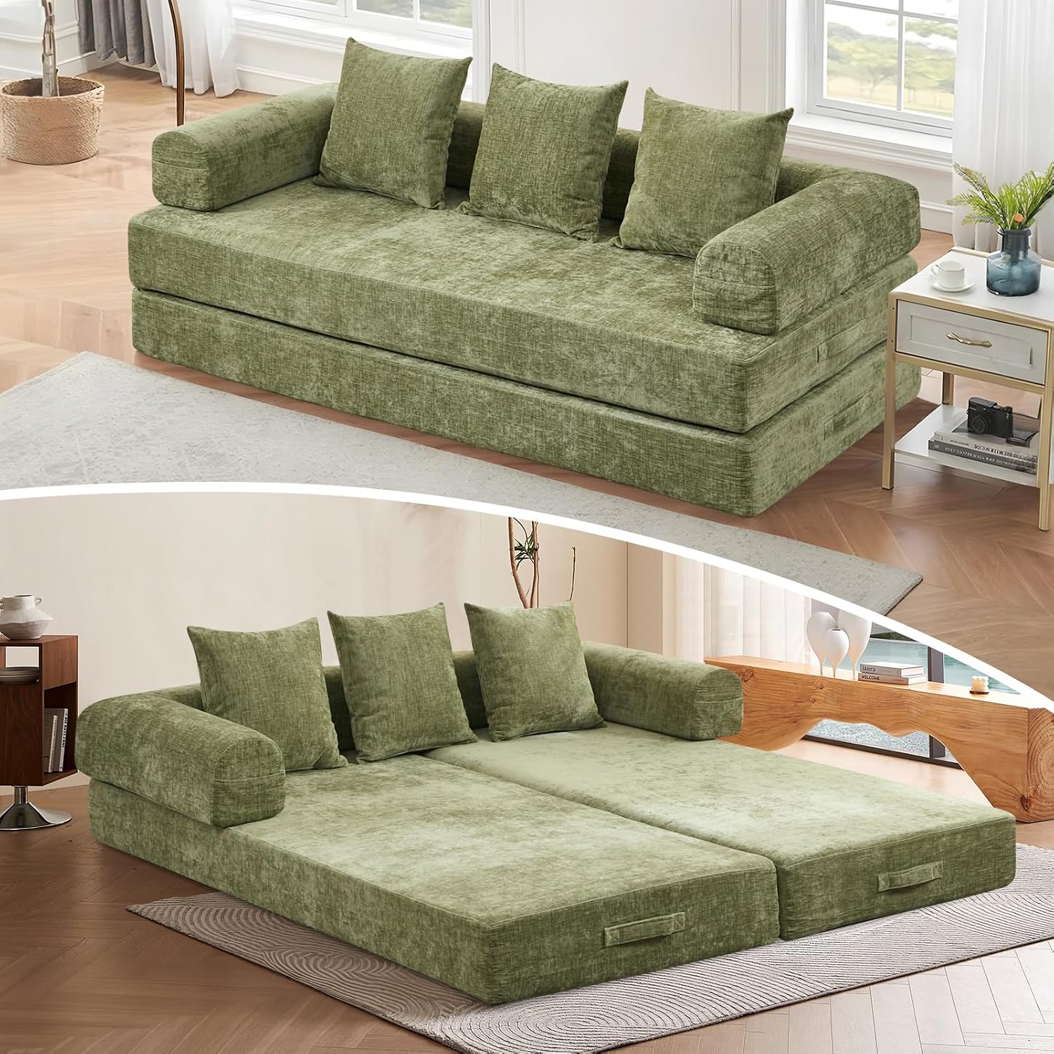 Futon Sofa Bed, Modular Convertible Folding 3 Seater Chenille Foam Floor Loveseat Sleeper Sofa Couch with 3 Pillows, No Assembly Compressed Boneless Couch, for Living Room Bedroom Guest Room, Green