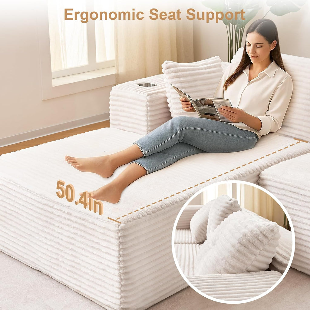 Modular Sectional Sofa, 105' L Shaped Comfy Cloud Couch with Deep Seat, Boneless Couch for Living Room, Corduroy Modular Sofa with Chaise and Cup Holders, No Assembly Required, Beige