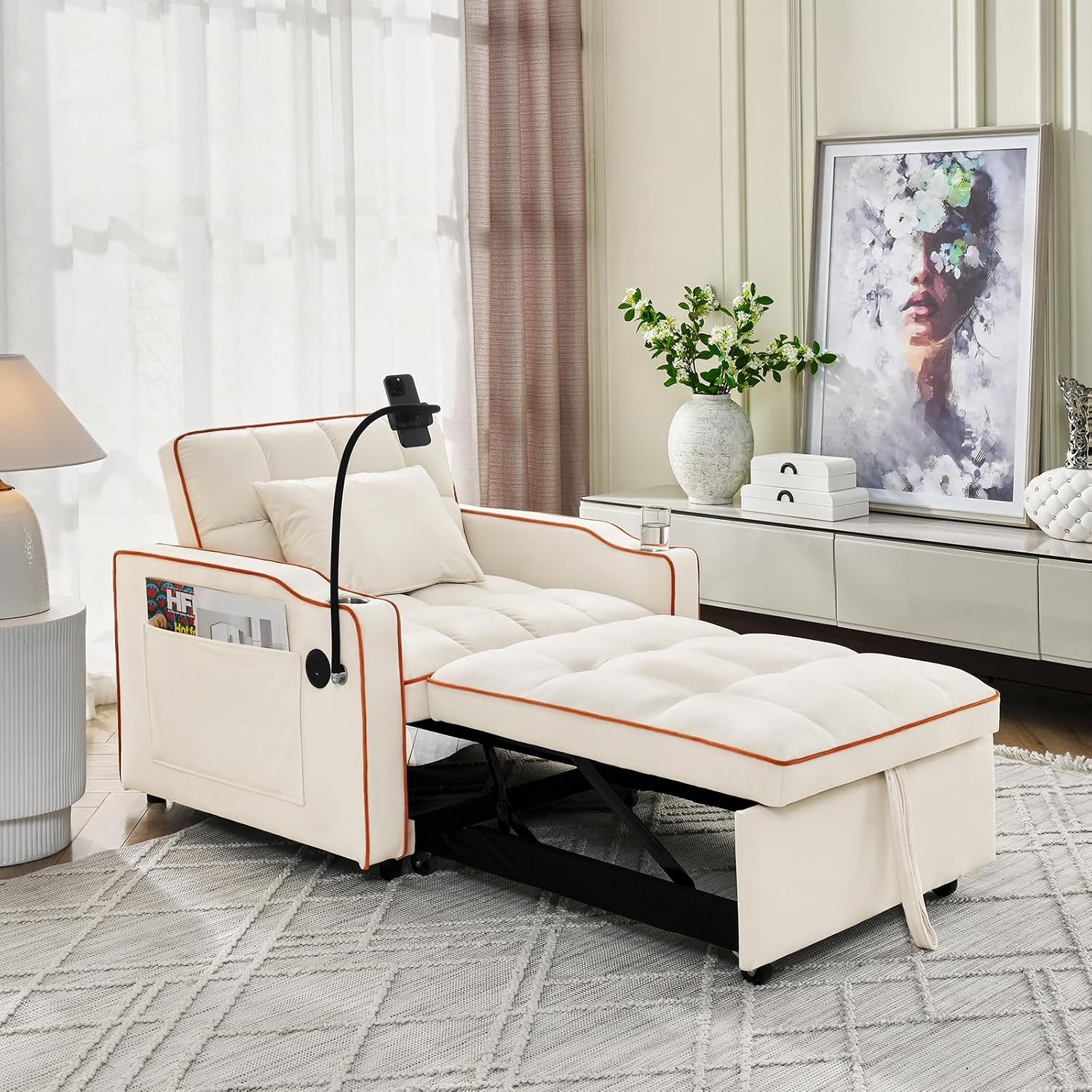 3 in 1 Convertible Sleeper Chair Bed with USB Ports, Cup Holder and Phone Stand, Velvet Pull Out Futon Sofa Beds, Adjustable Backrest Single Sofa Chair for Small Spaces, Living Room, Office (Beige)