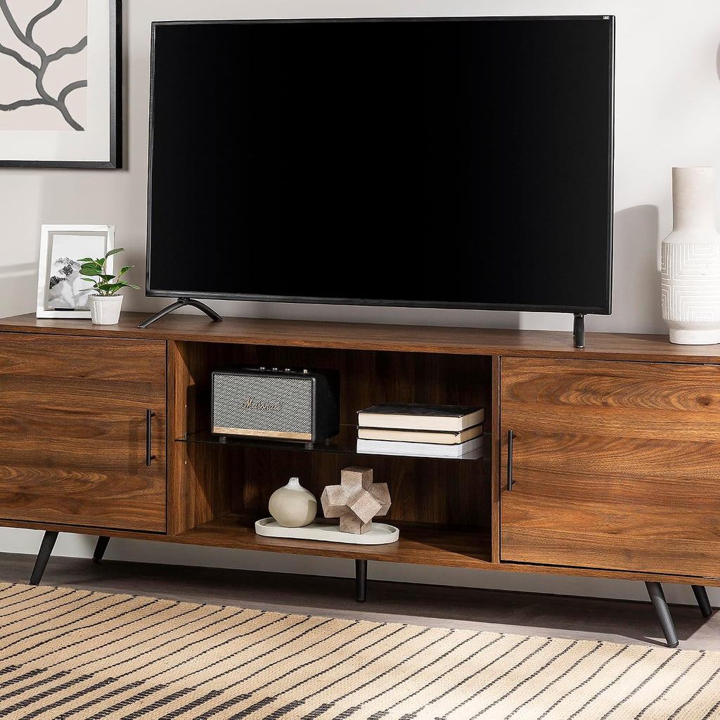 Walker Edison Saxon Mid Century Modern 2 Door Glass Shelf TV Stand for TVs up to 80 Inches, 70 Inch, Dark Walnut