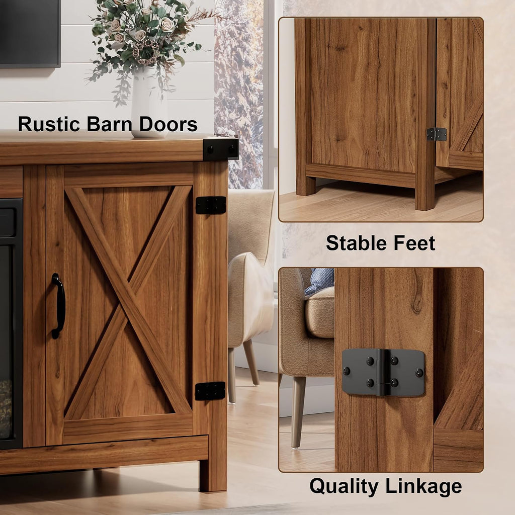 Furmax Fireplace TV Stand for Up to 65 Inches TVs, Farmhouse Entertainment Center with Grooved Barn Doors, Rustic Media Console Table with Storage Cabinets for Living Room (Barnwood)