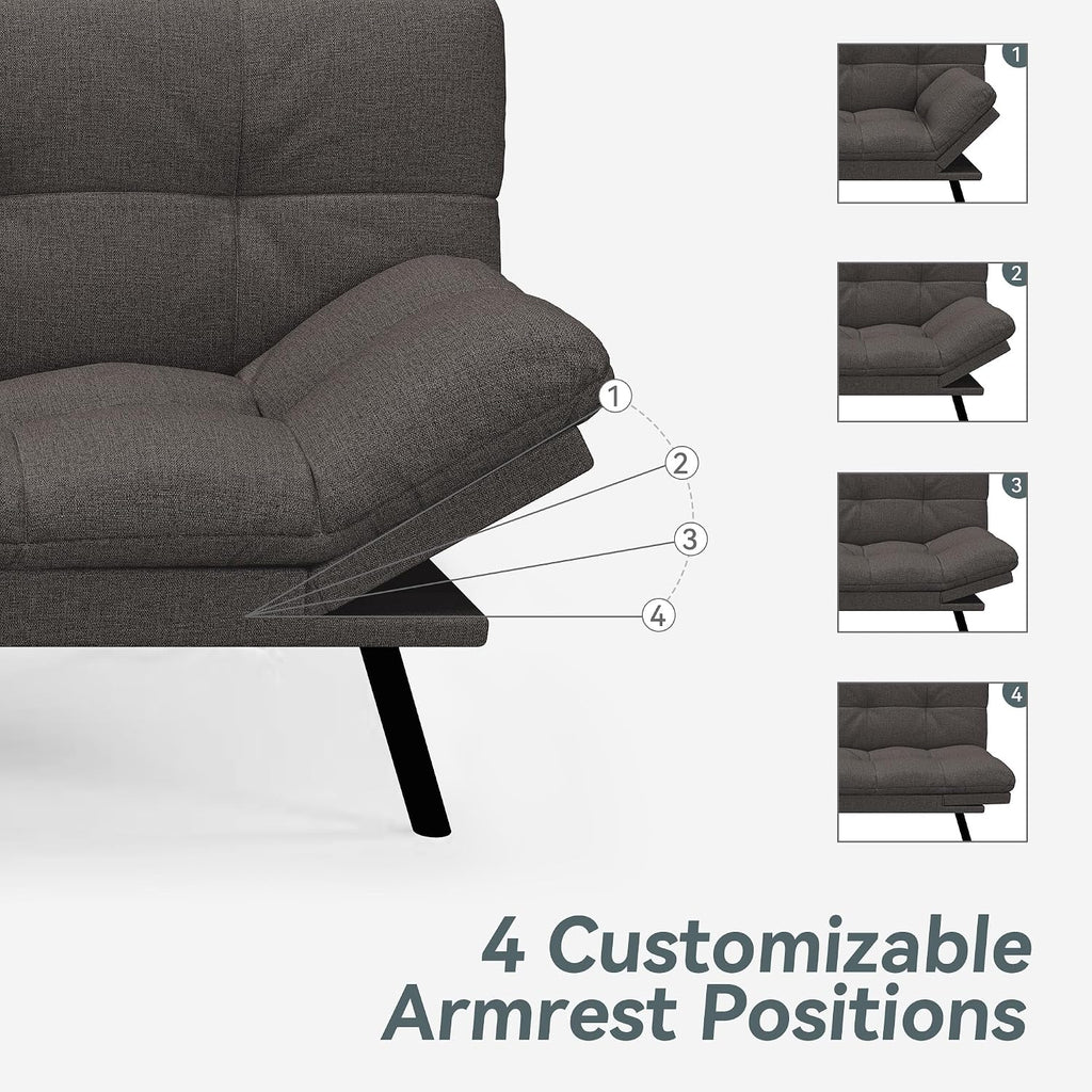 Futon Sofa Bed Convertible Couch, Grey Linen Sofa Bed with Memory Foam, Adjustable Backrest & Armrests, Multifunctional Small Loveseat Sleeper Sofa for Living Room, Apartment, Office